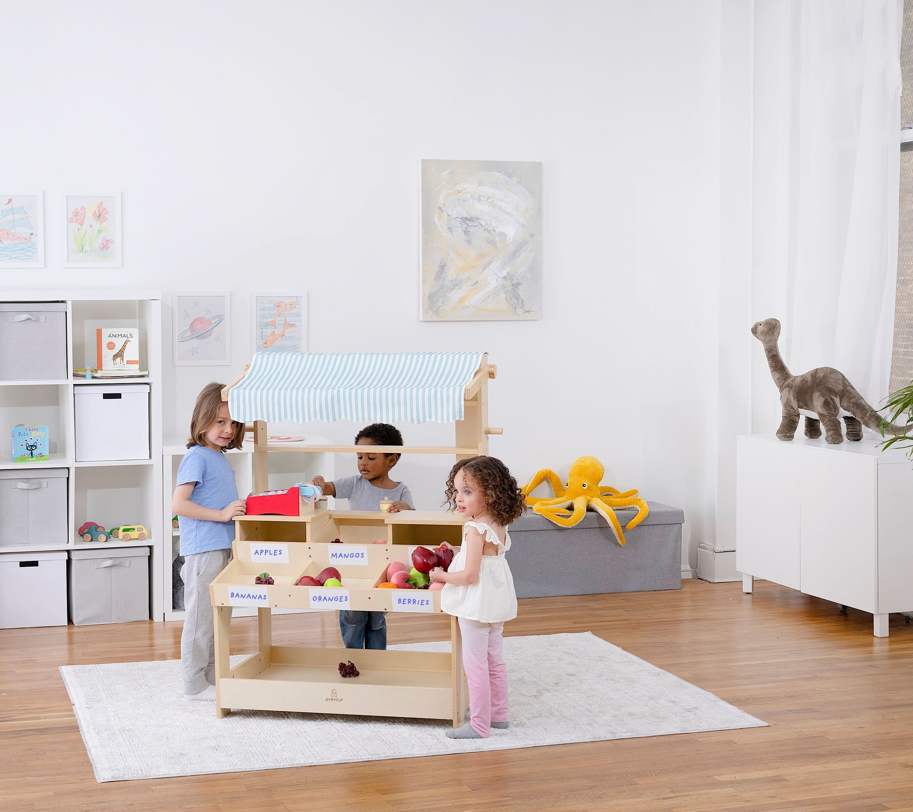 Cypress Wooden Market Stand – Pretend Play Shop for Kids with Storage - Image 18