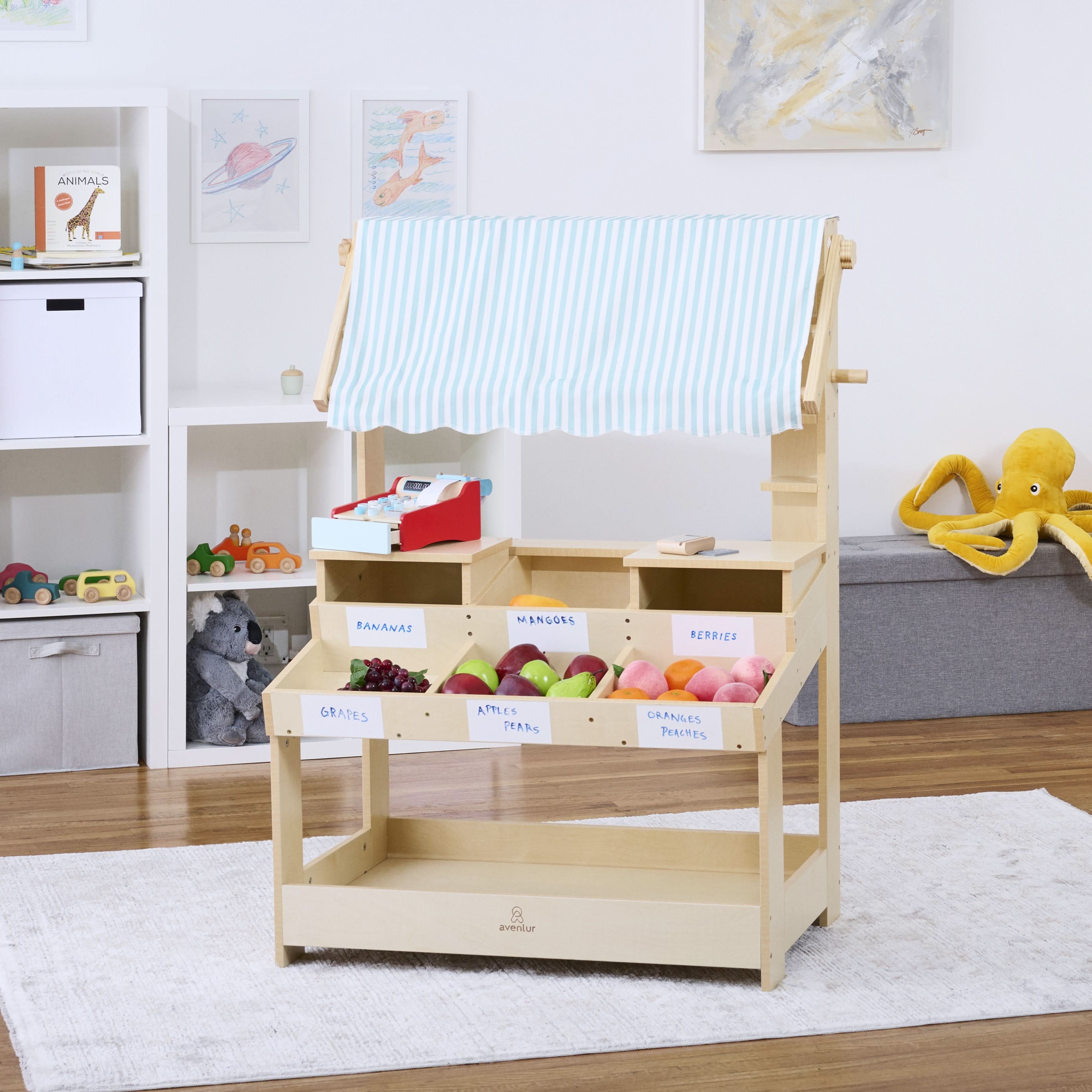 Cypress Wooden Market Stand – Pretend Play Shop for Kids with Storage - Image 2
