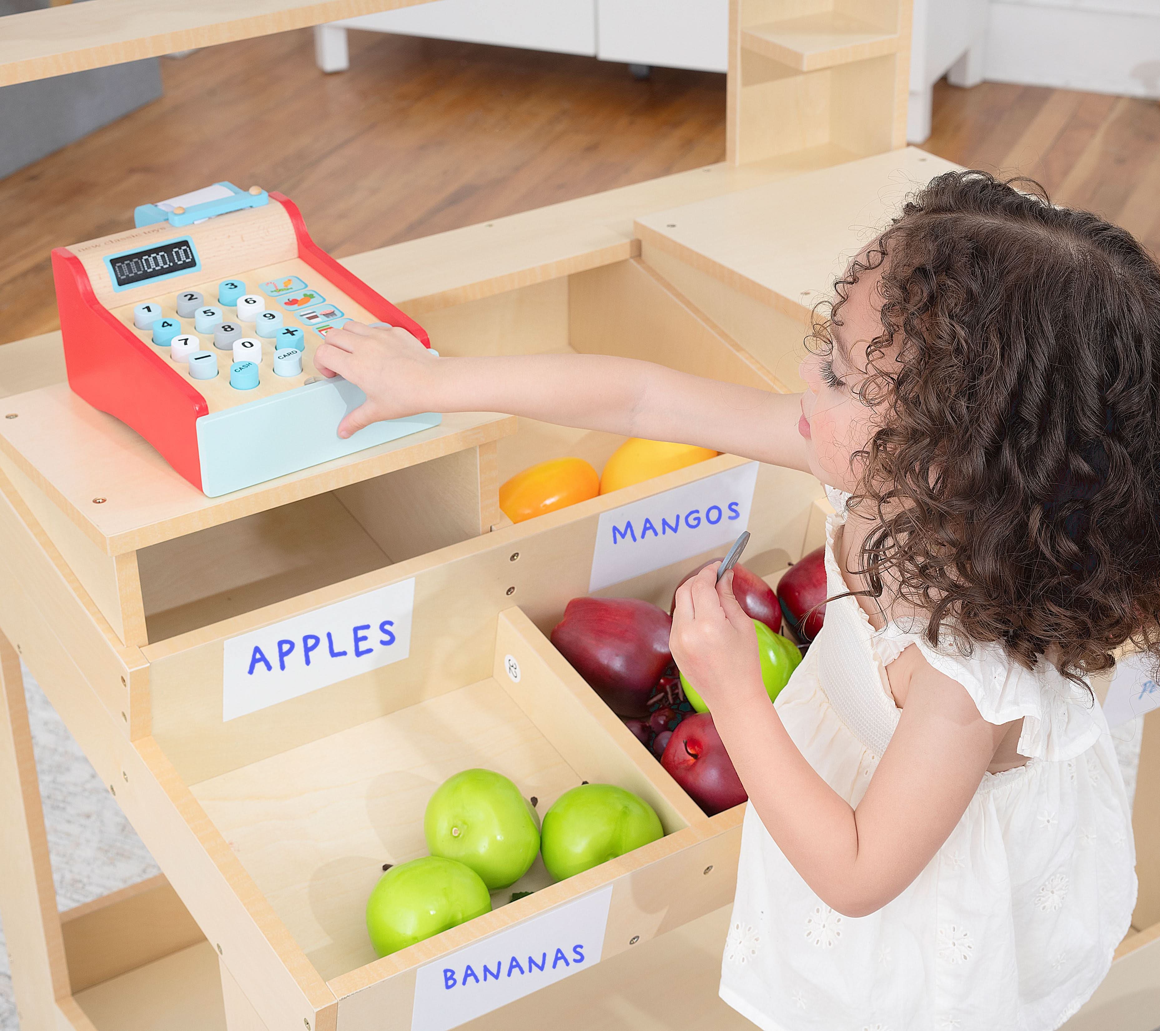 Cypress Wooden Market Stand – Pretend Play Shop for Kids with Storage - Image 3