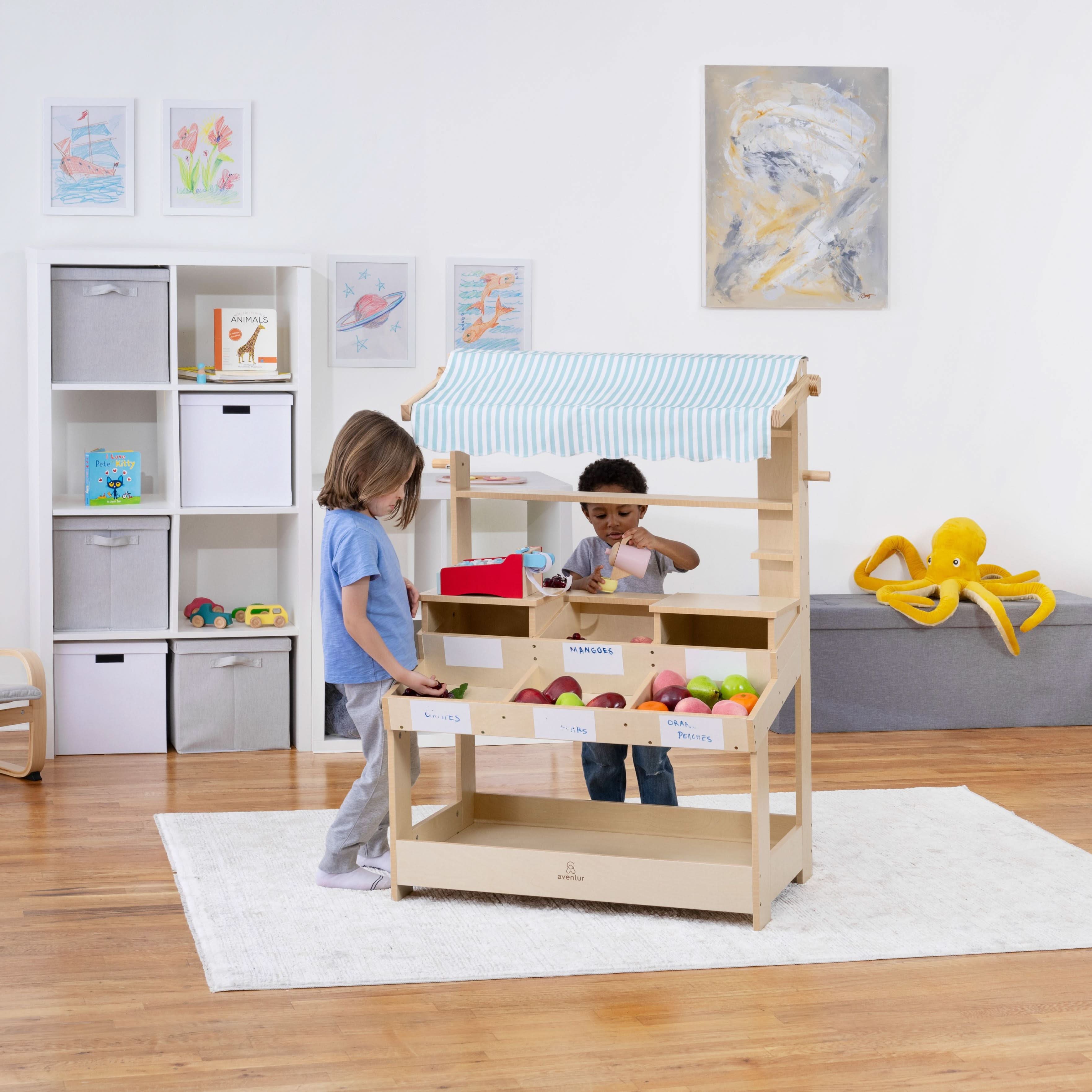 Cypress Wooden Market Stand – Pretend Play Shop for Kids with Storage - Image 4