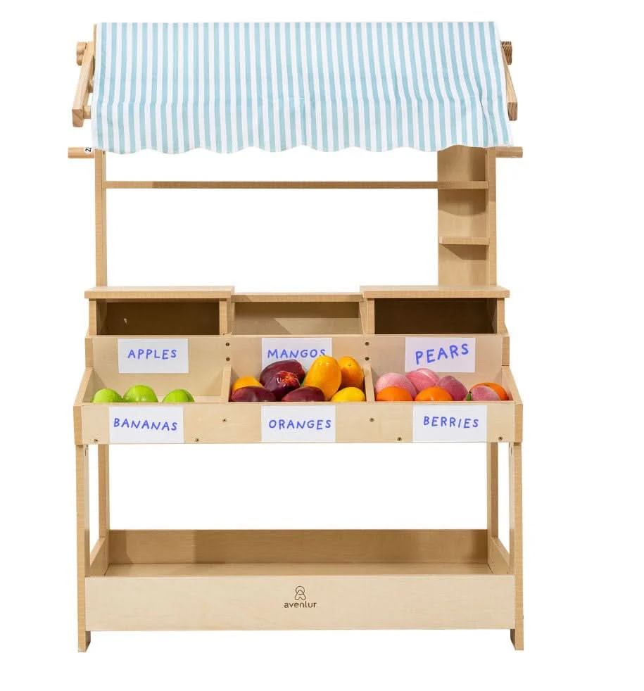 Cypress Wooden Market Stand – Pretend Play Shop for Kids with Storage - Image 5