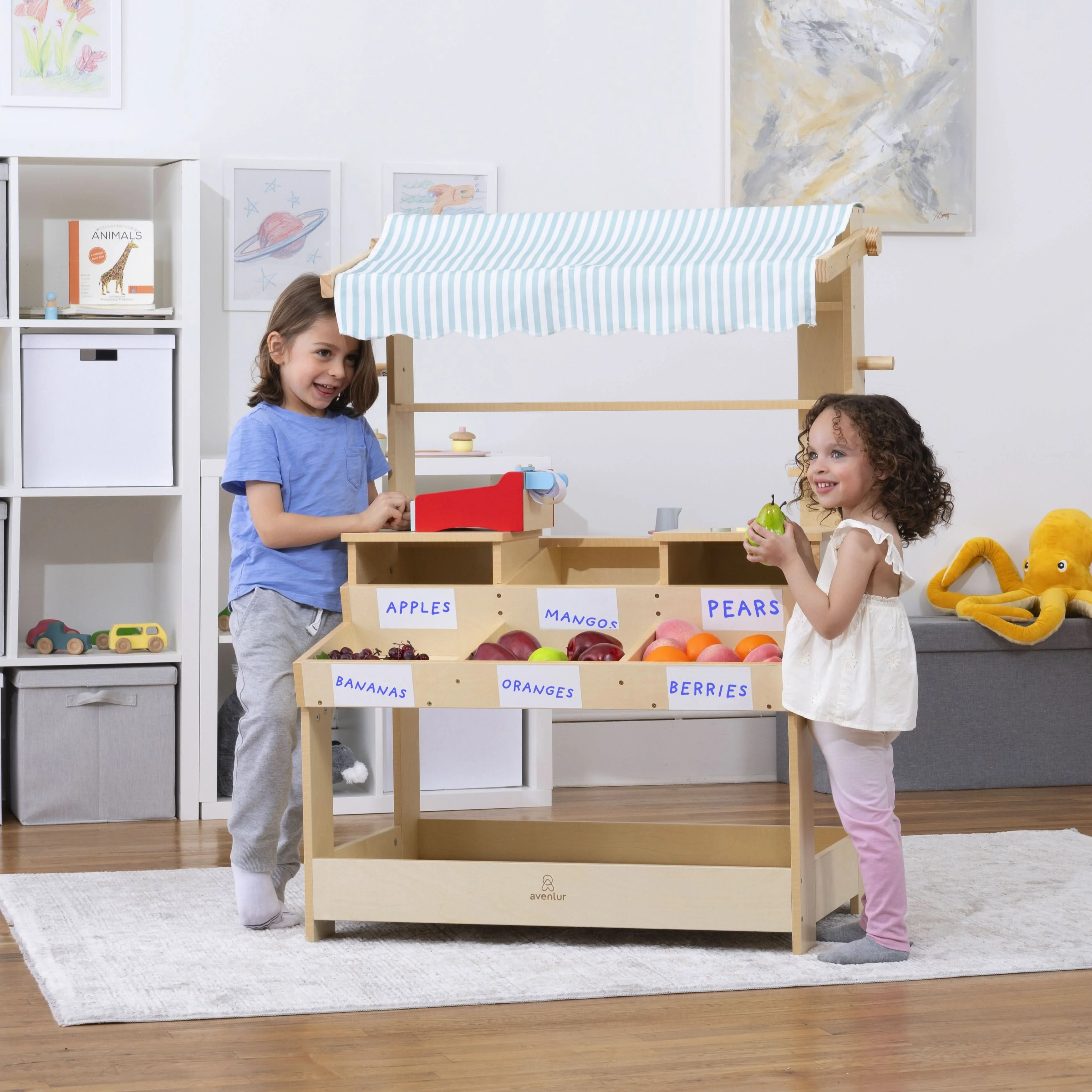 Cypress Wooden Market Stand – Pretend Play Shop for Kids with Storage - Image 9