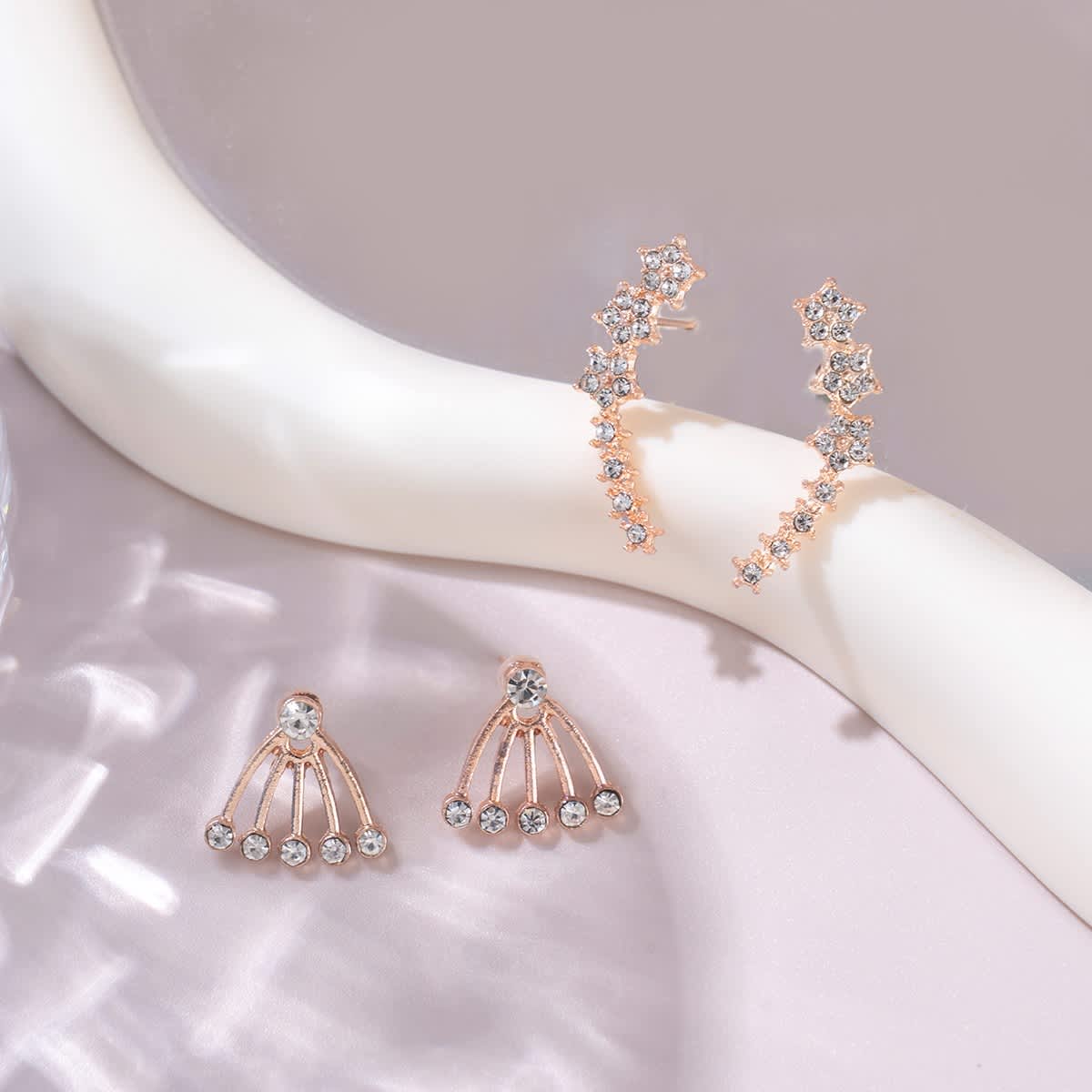 CZ Star Crawler & Fan Stud Earrings Set for Women Jewelry - Image 3