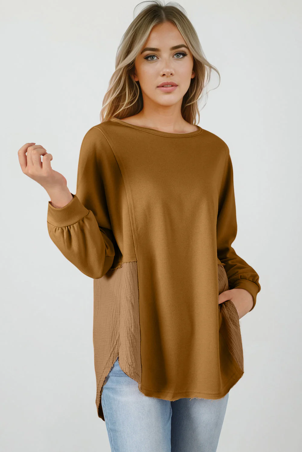 Threaded Pear Dahlia Crinkle Splicing Raw Hem High Low Oversized Blouse - Image 3