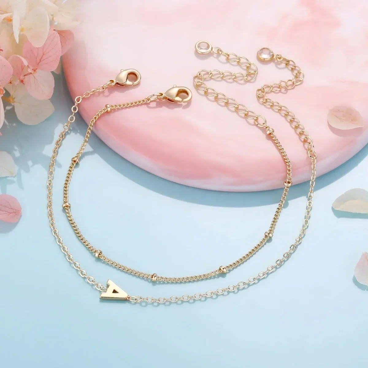 Dainty Initial Layered Chain Bracelet Personalized Adjustable - Image 30