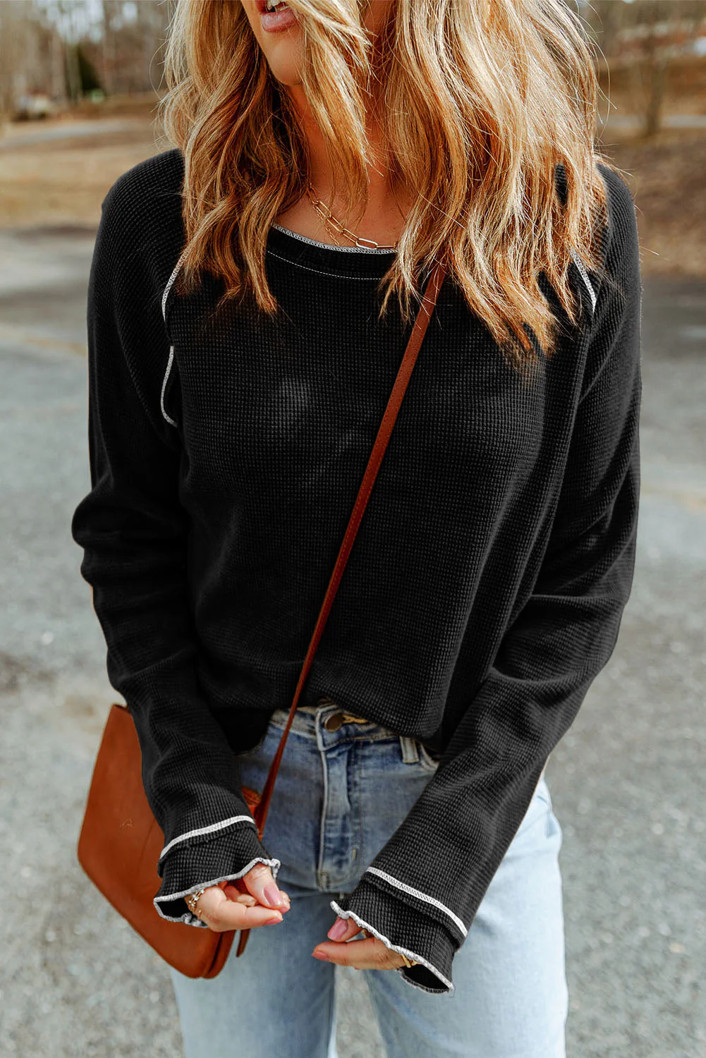 Threaded Pear Daisy Textured Round Neck Long Sleeve Top - Image 12