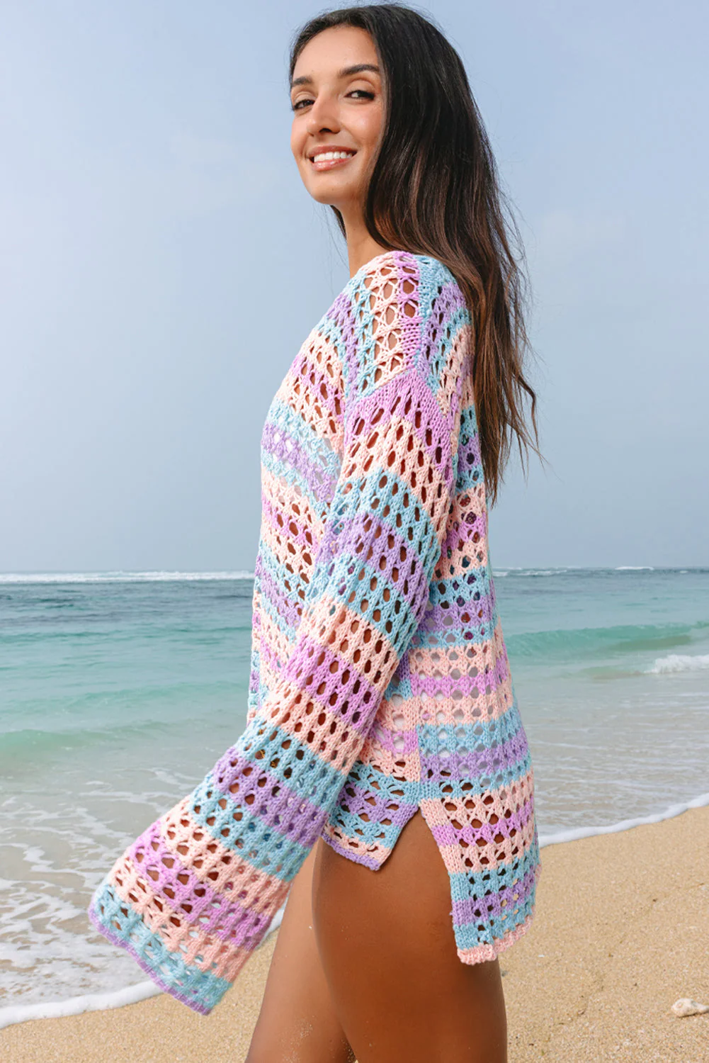 Threaded Pear Della Open Knit Sweater Beach Cover Up - Image 3