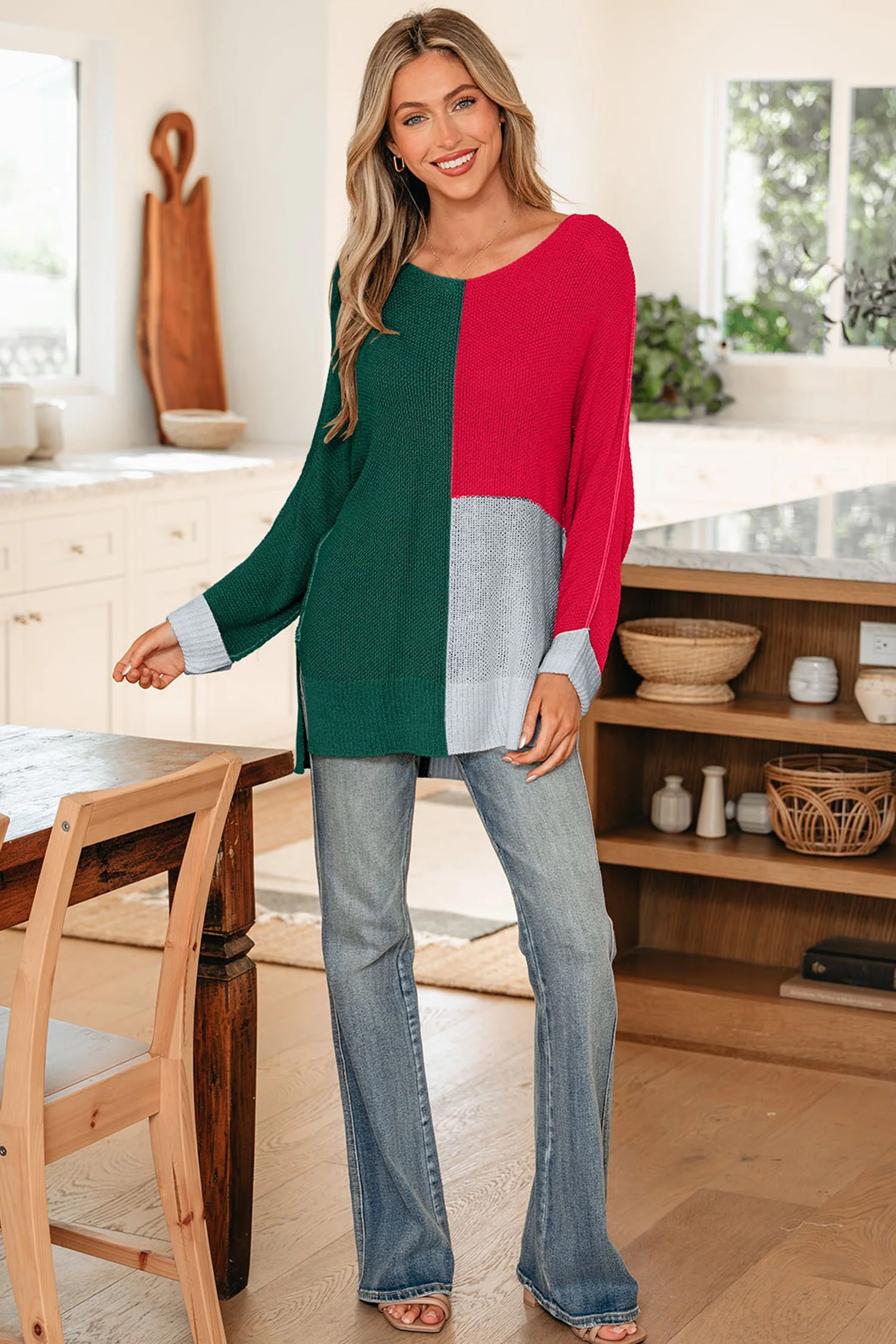 Threaded Pear Demi Block Knit Loose Sweater - Image 6
