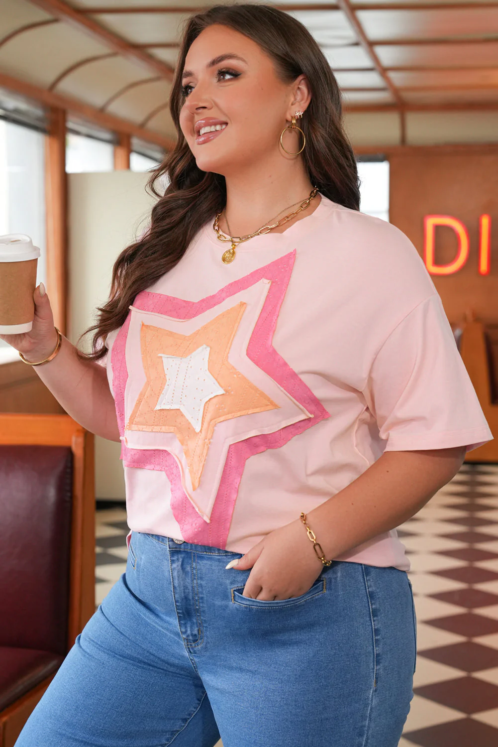 Threaded Pear Diana Plus Size Eyelet Lace Star Top - Image 3