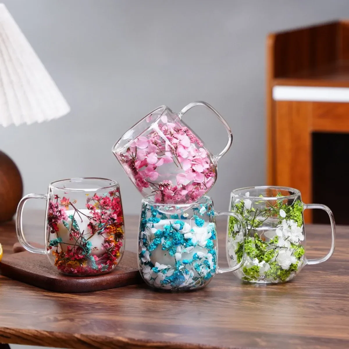 Double Wall Glass Mug with Dried Flowers - Insulated Floral Glass Cup with Handle - Image 11