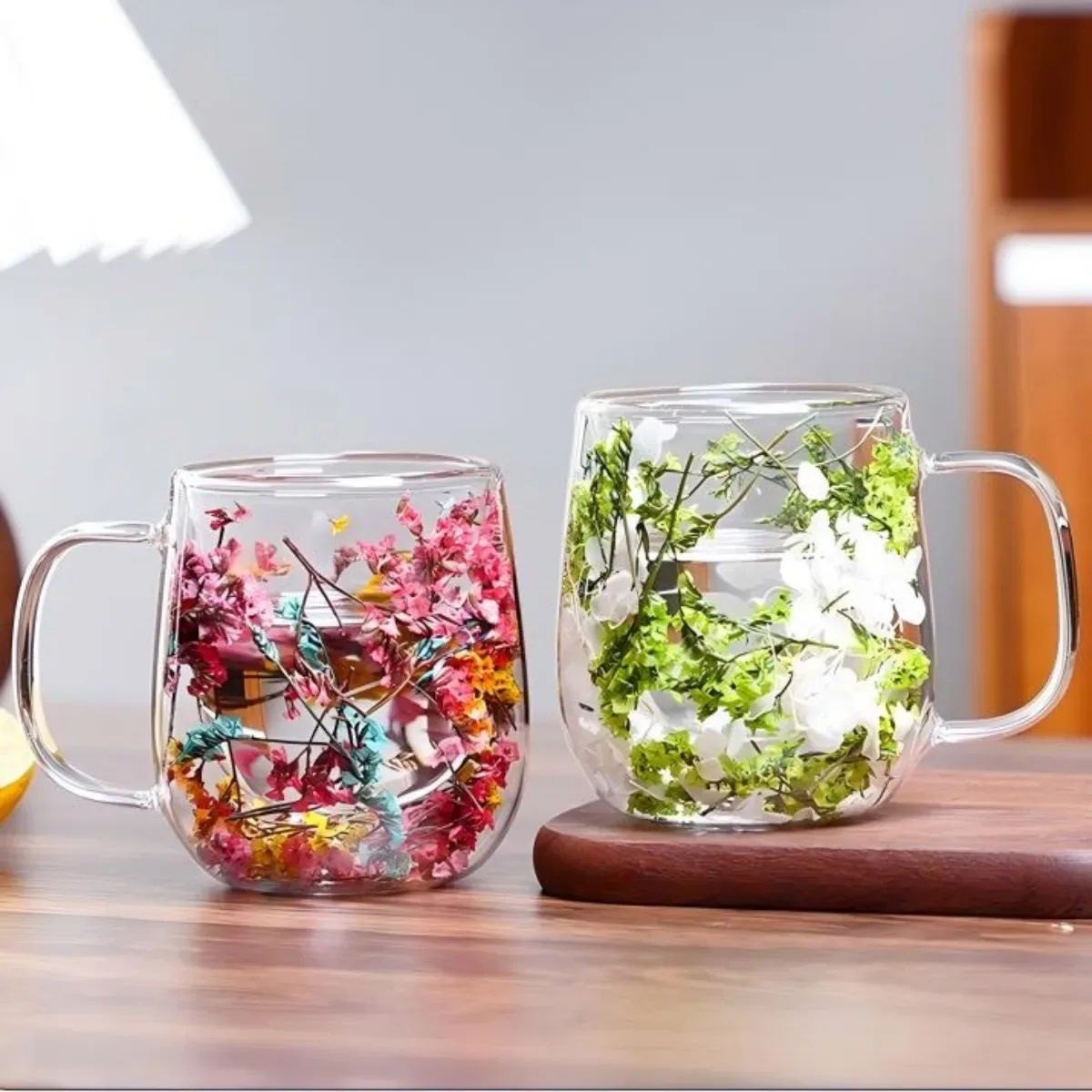 Double Wall Glass Mug with Dried Flowers - Insulated Floral Glass Cup with Handle - Image 8
