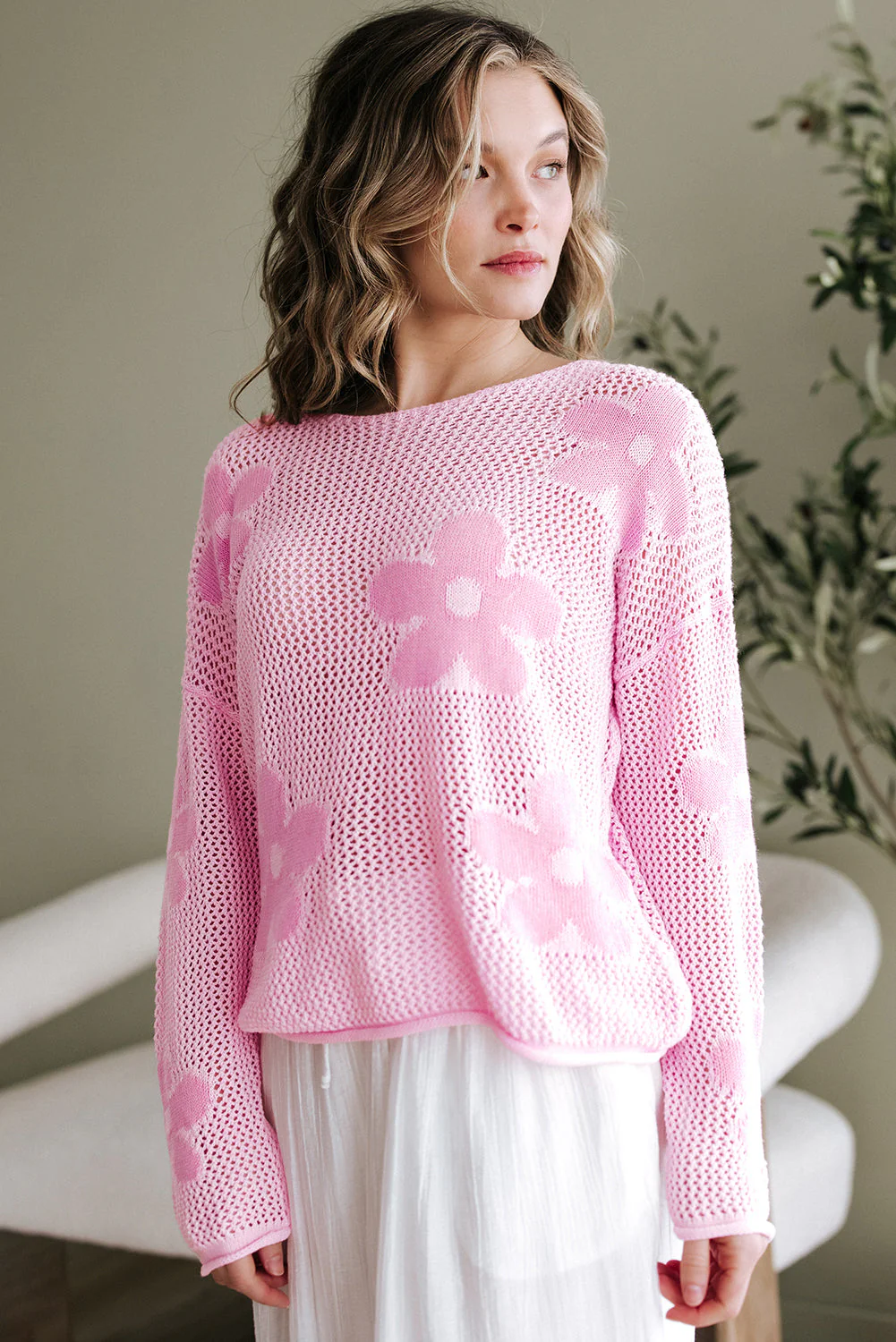 Threaded Pear Dulce Big Flower Hollowed Knit Drop Shoulder Sweater - Image 6