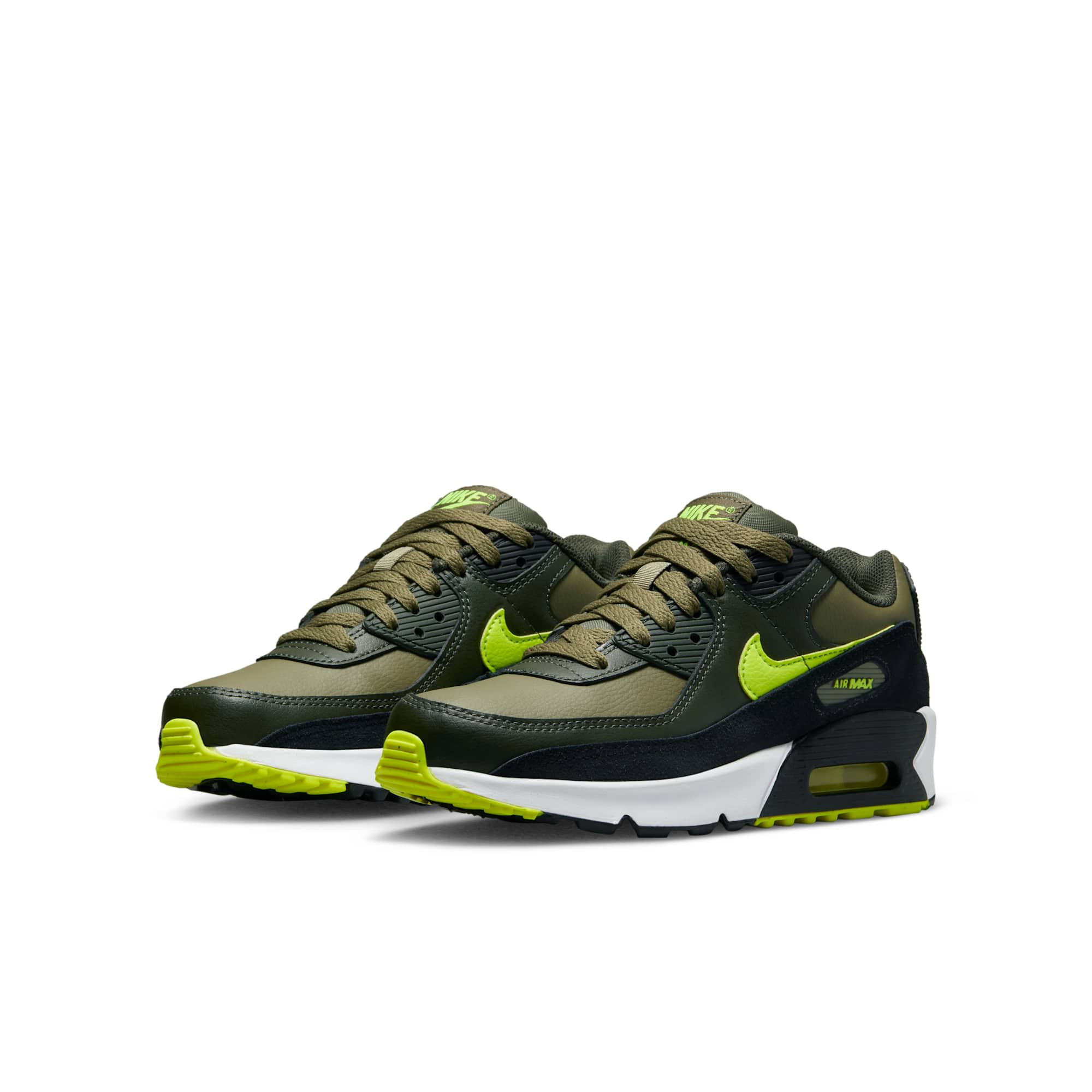 Nike Grade School Air Max 90 Leather 'Medium Olive Volt' Gs Sneakers - Image 5