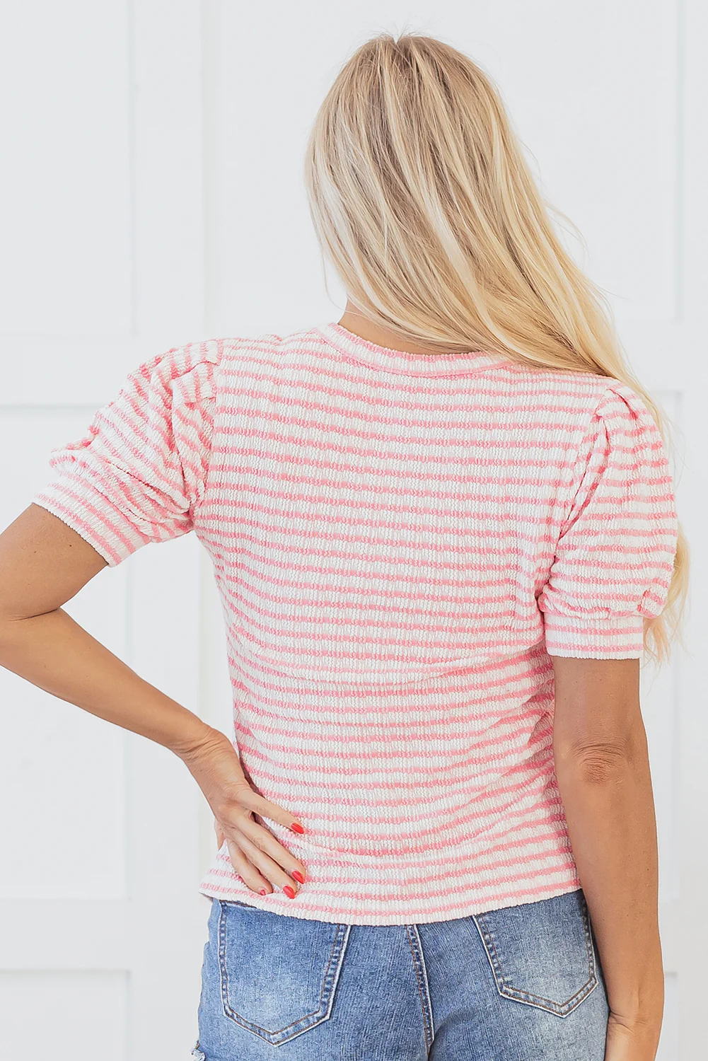 Threaded Pear Dylan Stripe Textured Puff Sleeve Top - Image 2