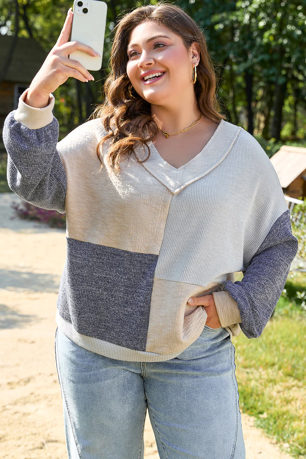 Threaded Pear Elaina Plus Size Textured V Neck Top - Image 4