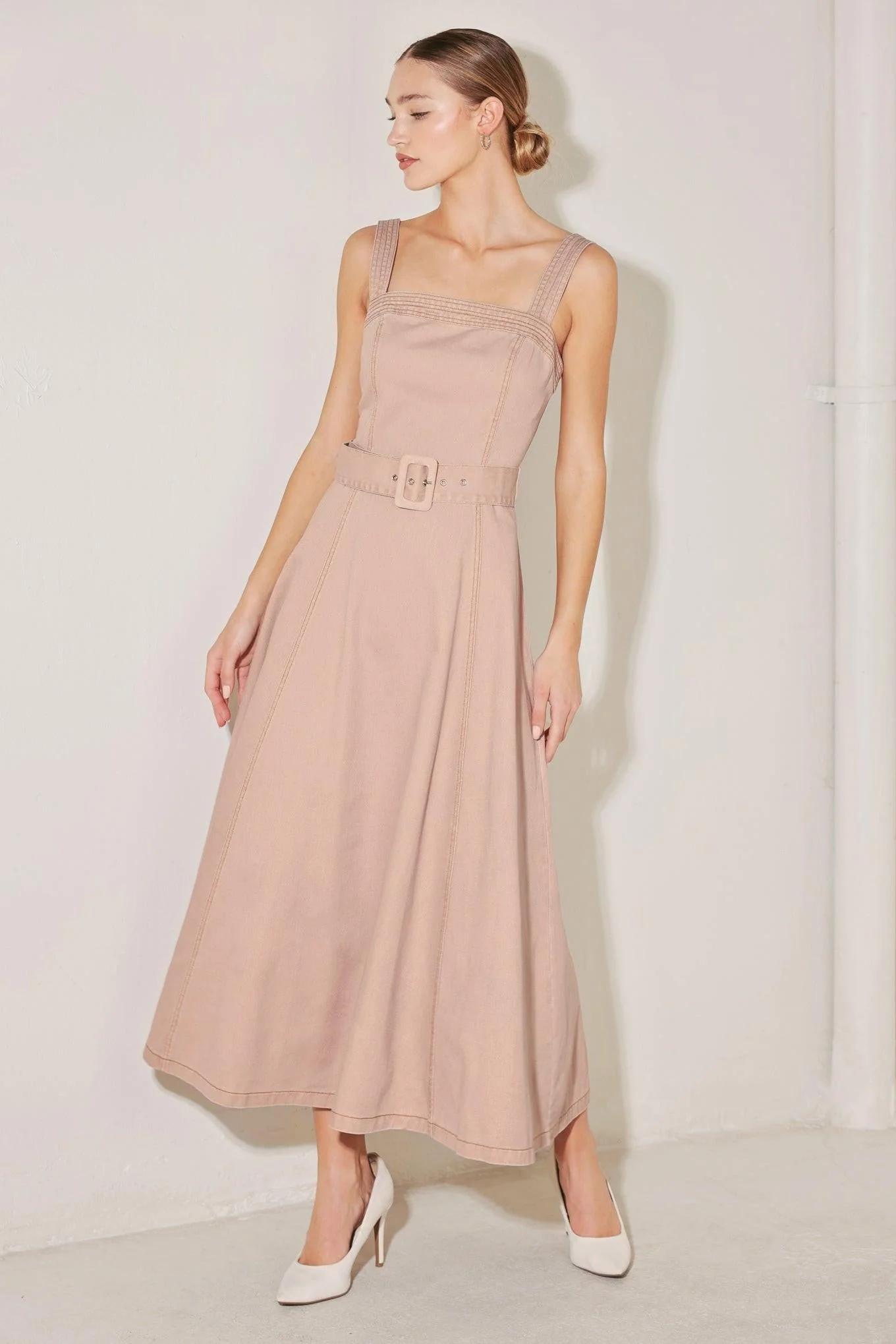 Elevated Neutral Blush Woven Midi Dress