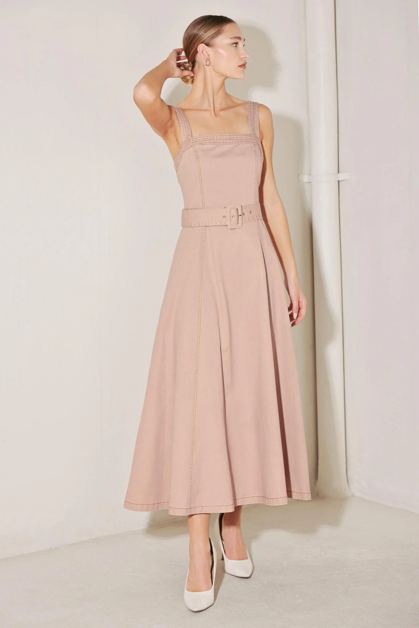 Elevated Neutral Blush Woven Midi Dress - Image 7