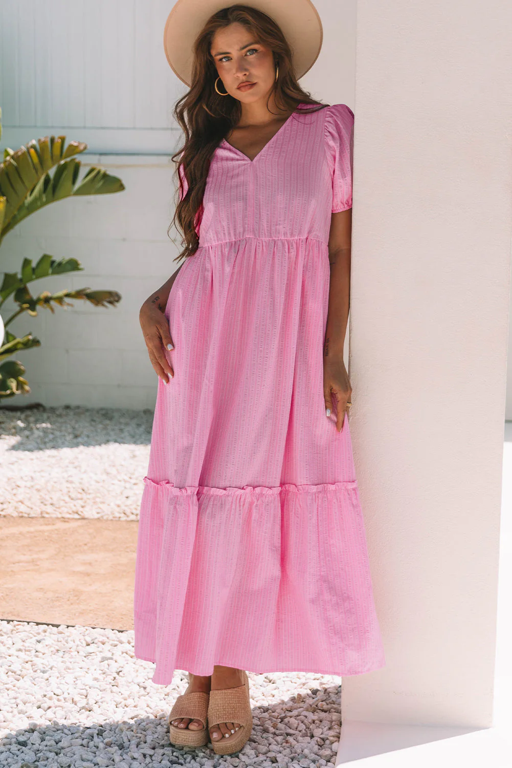 Threaded Pear Ella Stripe V Neck Puff Short Sleeve Maxi Dress - Image 4