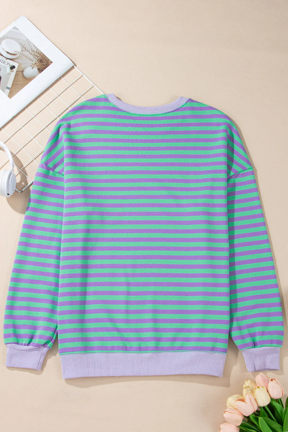 Threaded Pear Elliana Stripe Crossed Stitch Drop Shoulder Sweatshirt - Image 14