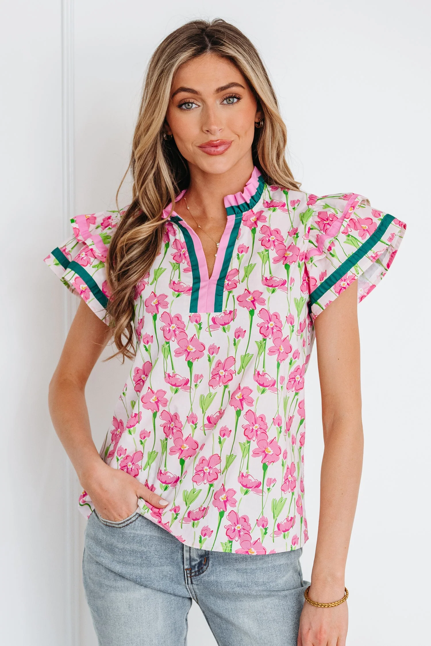 Threaded Pear Elyse Ruffled Short Sleeve Blouse