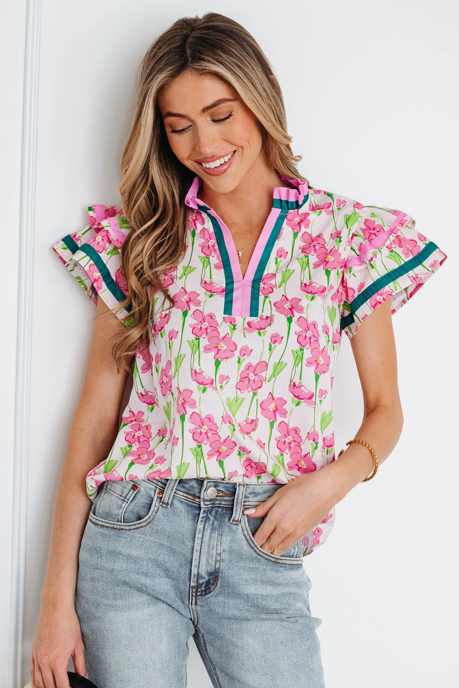 Threaded Pear Elyse Ruffled Short Sleeve Blouse - Image 3