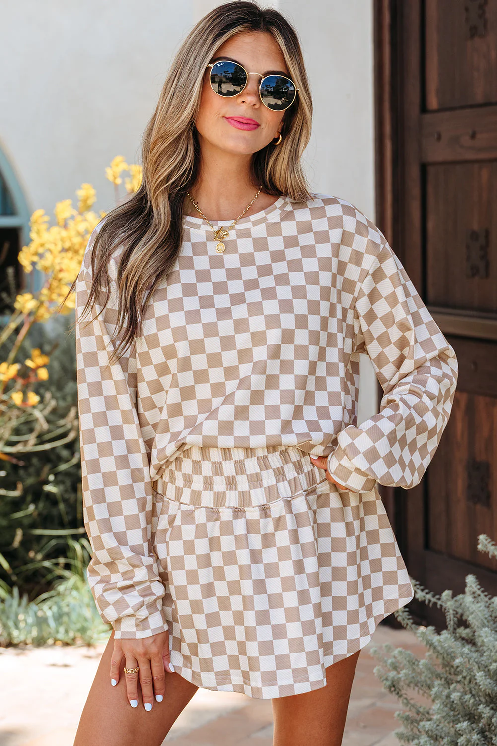Threaded Pear Emily Checkered Long Sleeve High Waist Skort 2pcs Set - Image 4