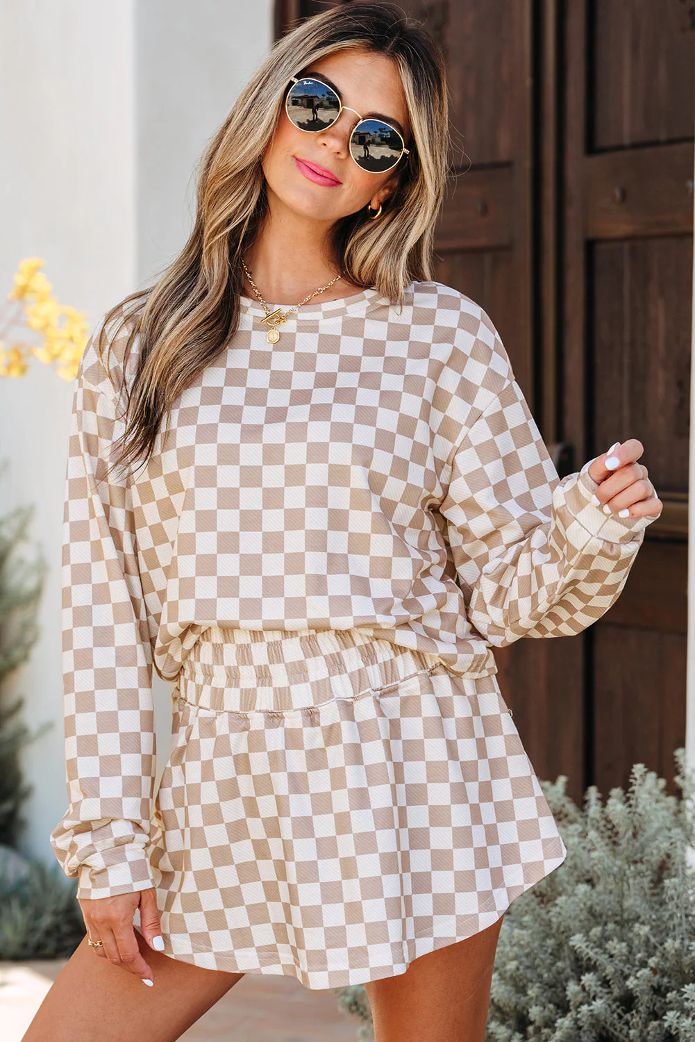 Threaded Pear Emily Checkered Long Sleeve High Waist Skort 2pcs Set - Image 5