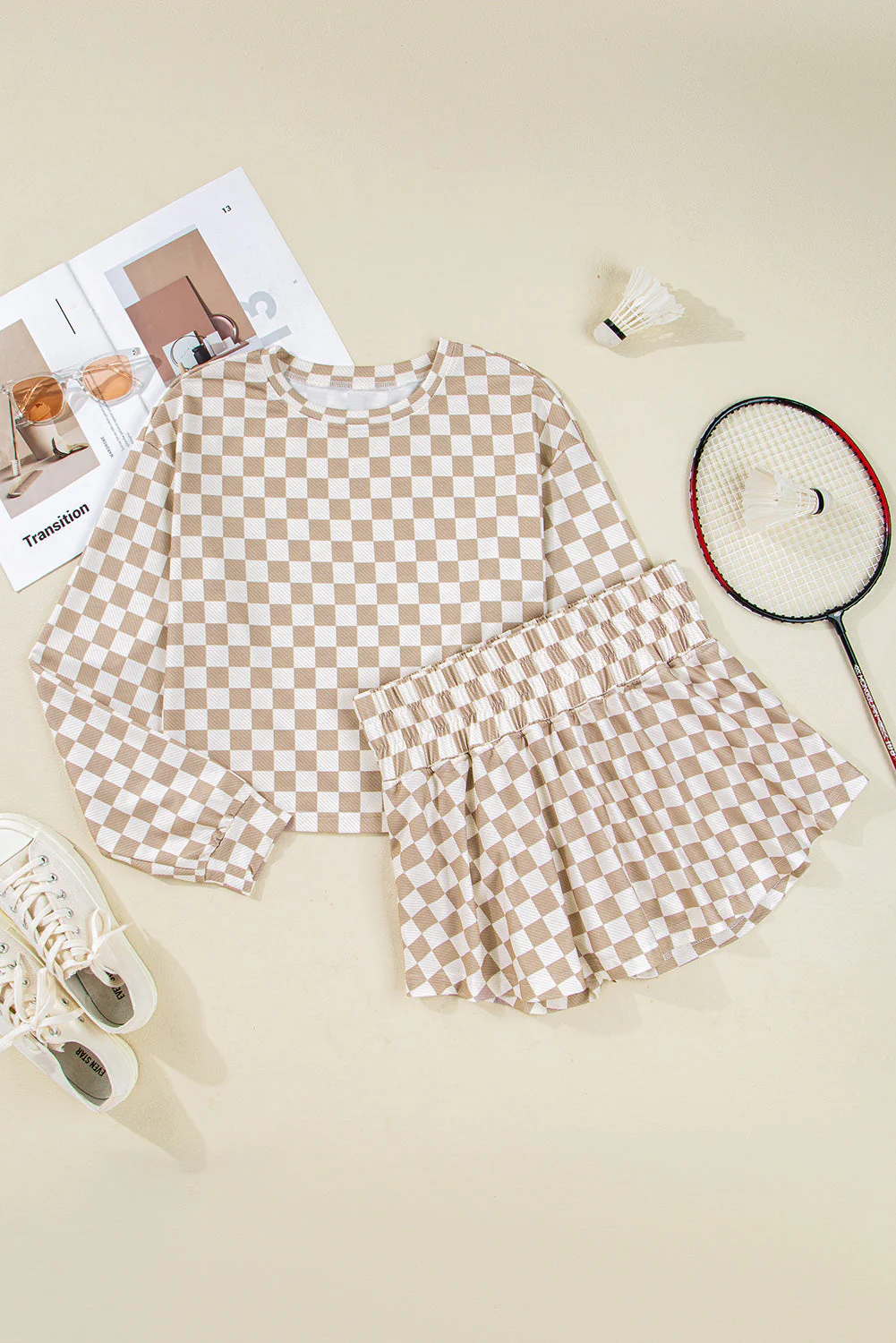 Threaded Pear Emily Checkered Long Sleeve High Waist Skort 2pcs Set - Image 8