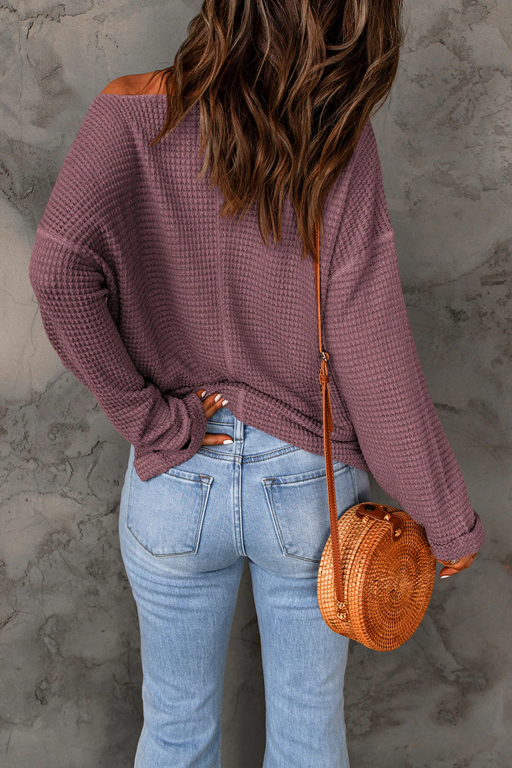 Threaded Pear Evelyn Waffle Knit Loose Long Sleeve Top - Image 2