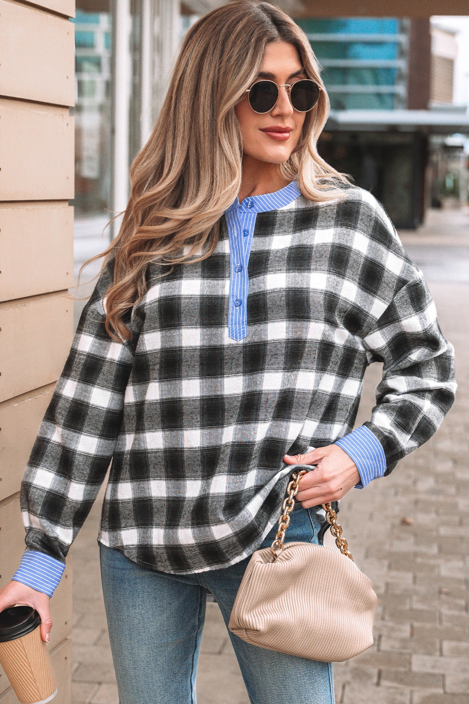 Threaded Pear Ezra Half Placket Plaid Blouse - Image 4