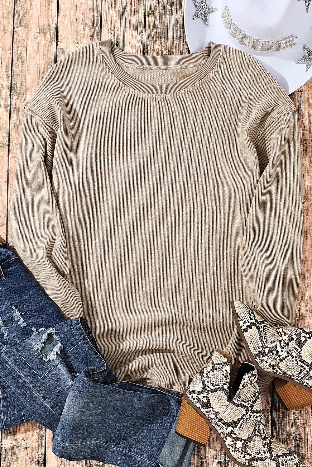 Threaded Pear Faith Solid Ribbed Knit Round Neck Pullover Sweatshirt - Image 19