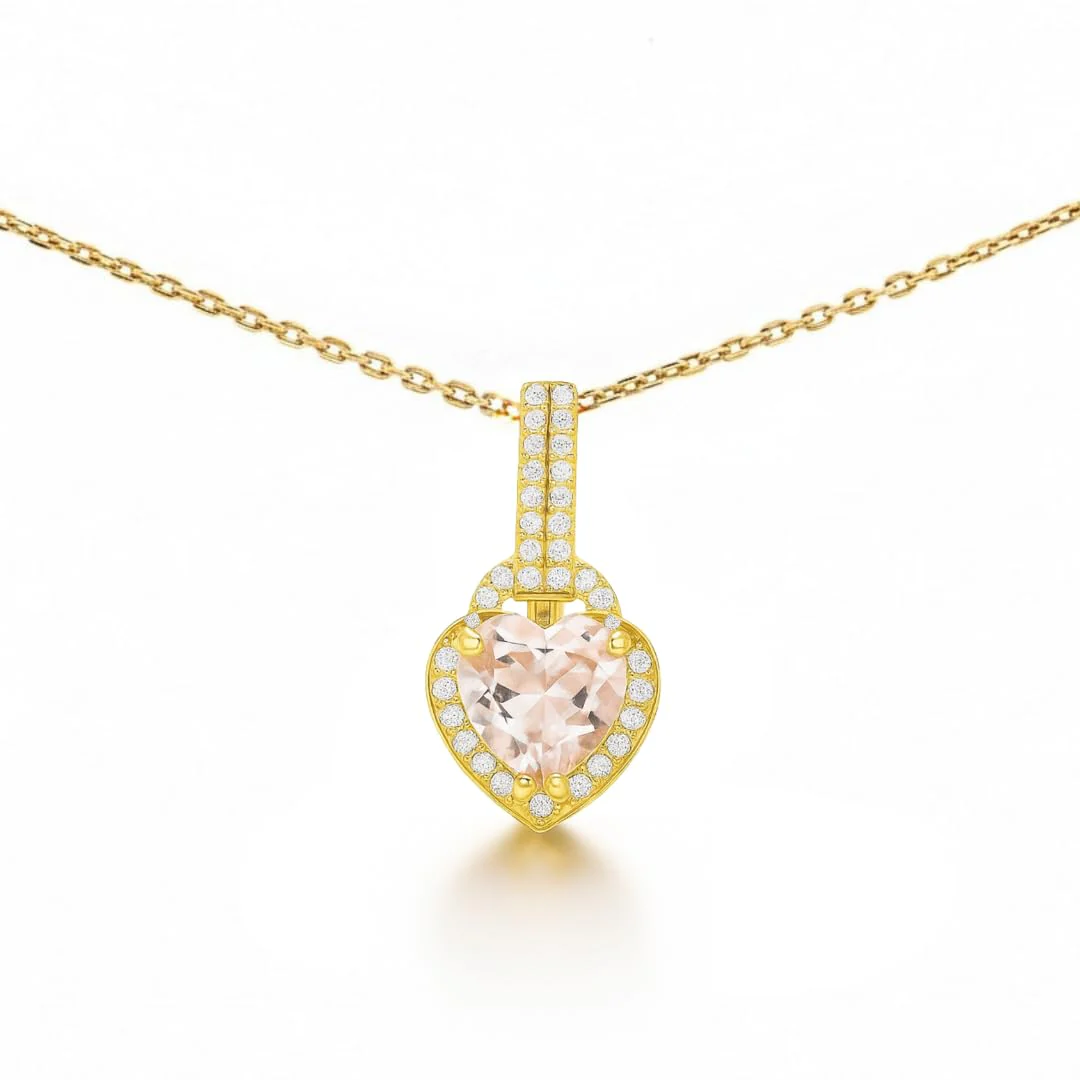 Fine Color Jewels Heart Shaped Necklace Rose Quartz Necklaces for Women 1.70 Carats 14K Gold Plated Heart Necklace Silver Designed Genuine Rose Quartz Pendant Jewelry Gift for Her