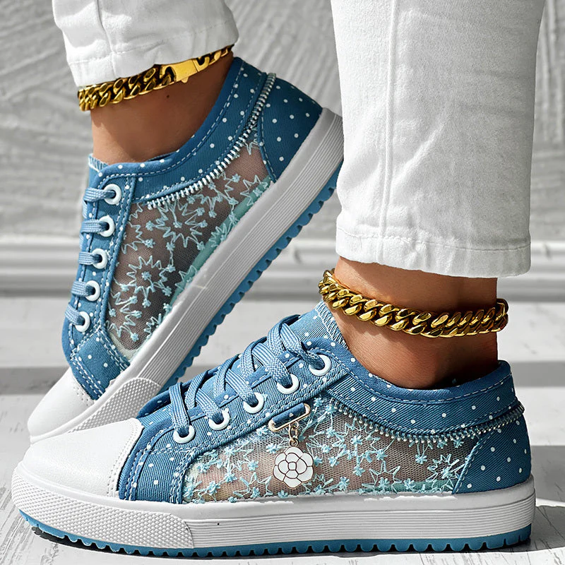 Floral Embroidered Polka Dot Print Sneakers — Women’s Casual Canvas Shoes - Image 9