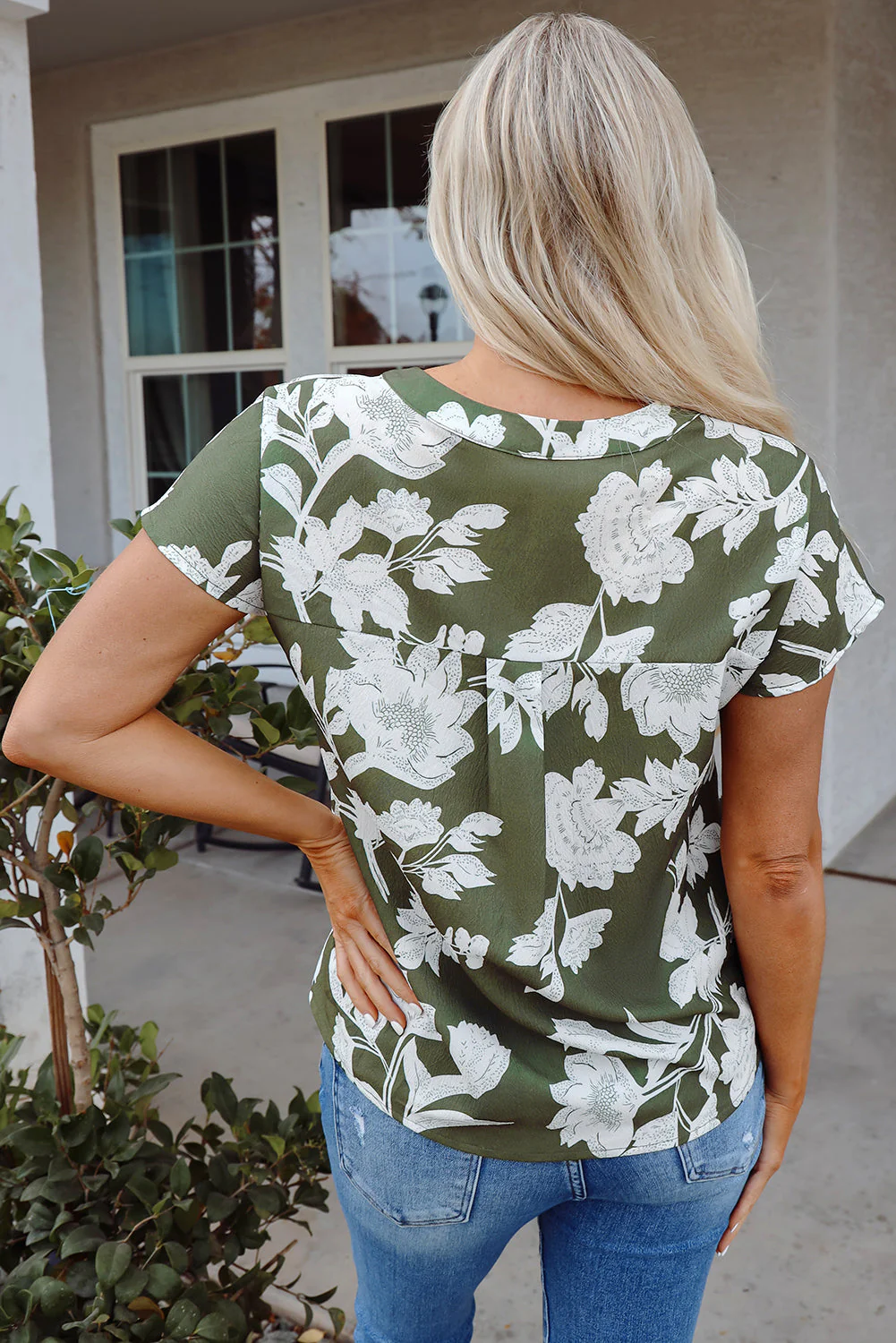 Threaded Pear Floral Split Neck Short Sleeve Blouse - Image 2