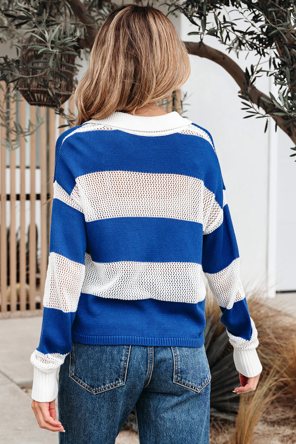 Threaded Pear Genevieve Stripe Collar Eyelet Crochet Knitted Sweater - Image 2