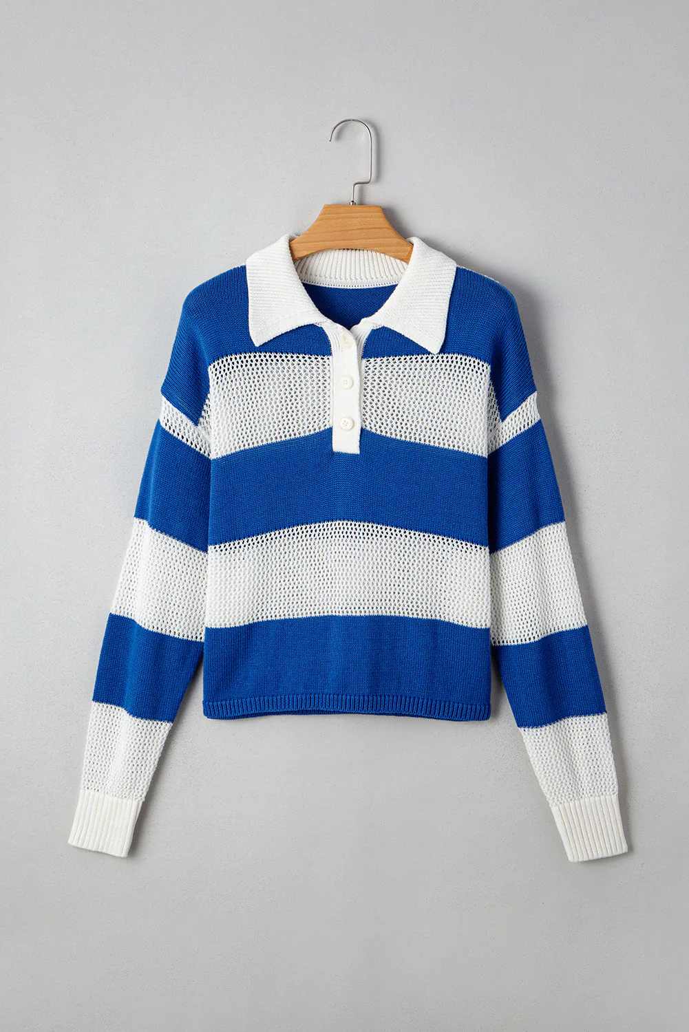 Threaded Pear Genevieve Stripe Collar Eyelet Crochet Knitted Sweater - Image 7