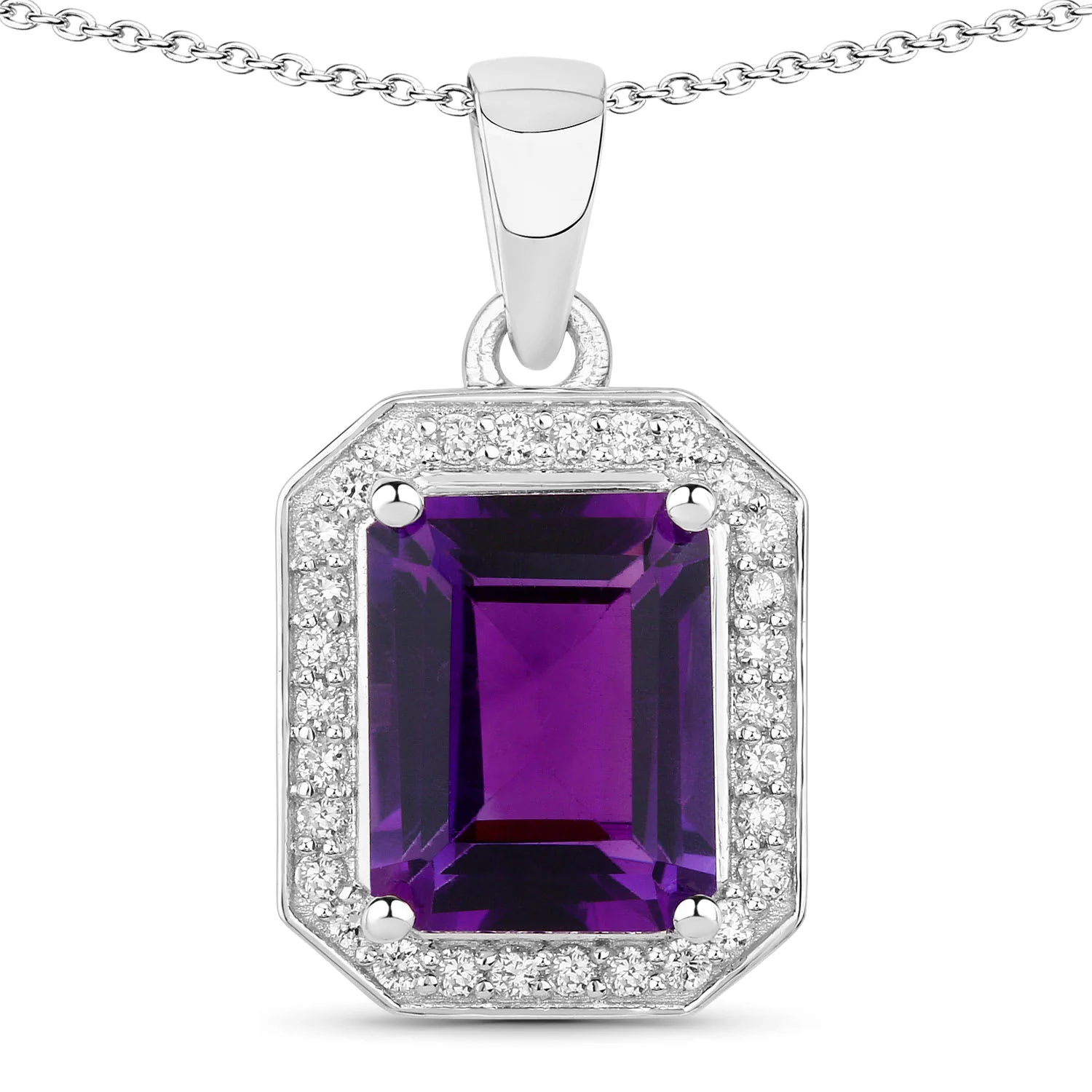 Genuine Amethyst and Lab Diamond Silver Halo Necklace - Image 2