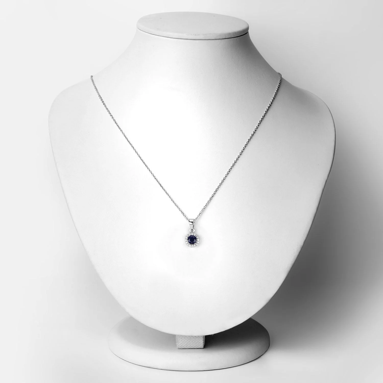 Genuine Blue Sapphire and Lab Diamond Silver Round Halo Necklace - Image 2