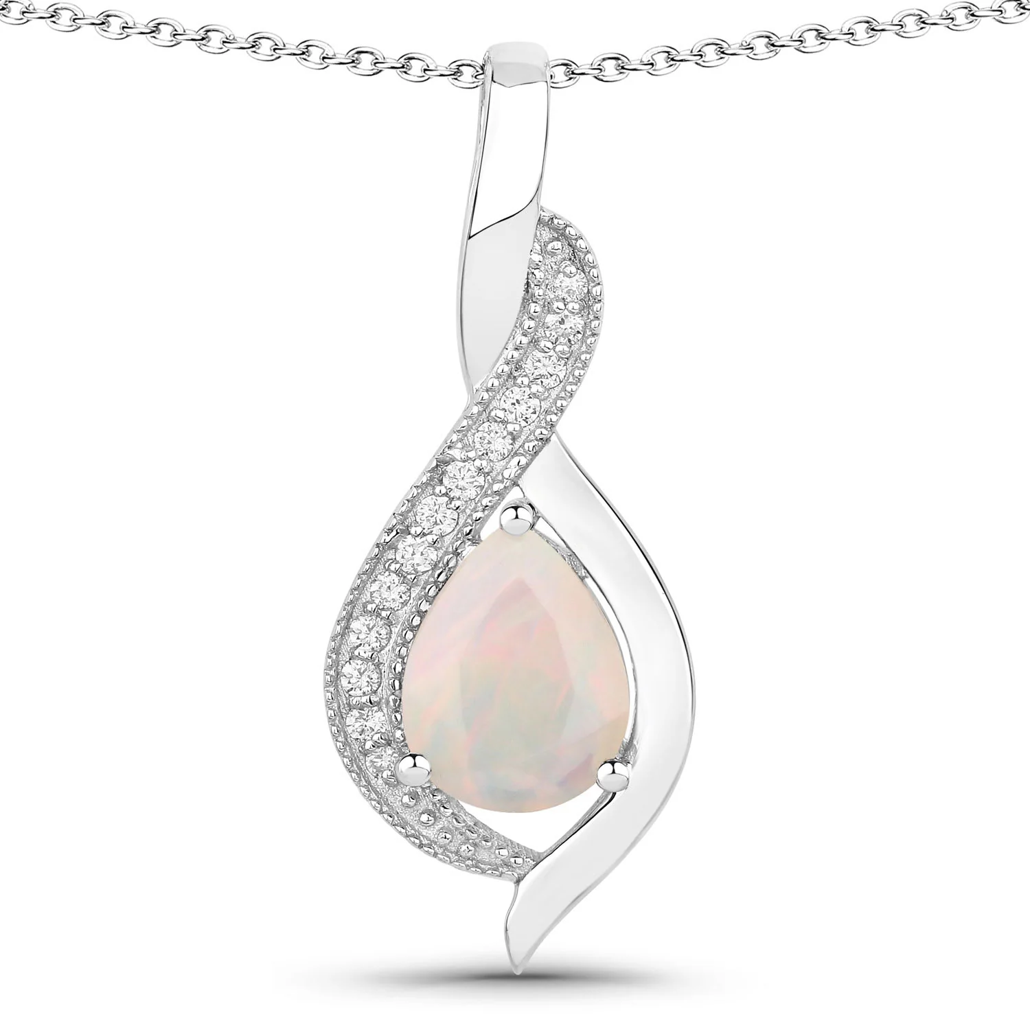 Genuine Ethiopian Opal and Lab Diamond Silver Teardrop Crossover Pendant Necklace