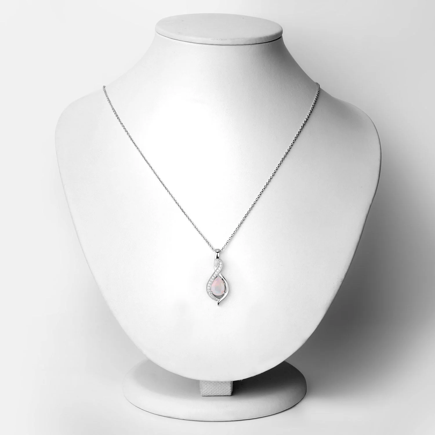 Genuine Ethiopian Opal and Lab Diamond Silver Teardrop Crossover Pendant Necklace - Image 2