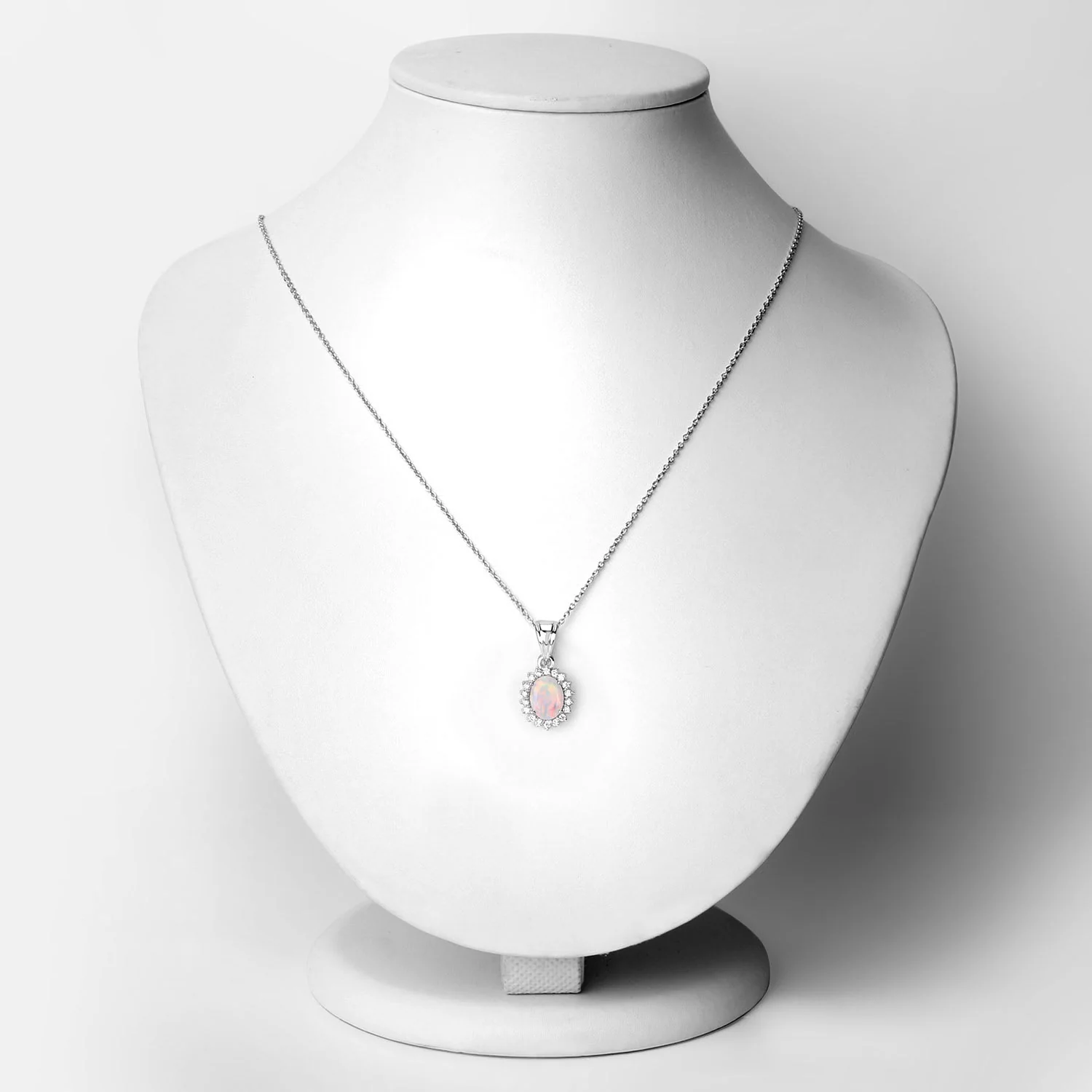 Genuine Ethiopian Opal and Lab Grown Diamond Silver Halo Necklace - Image 2