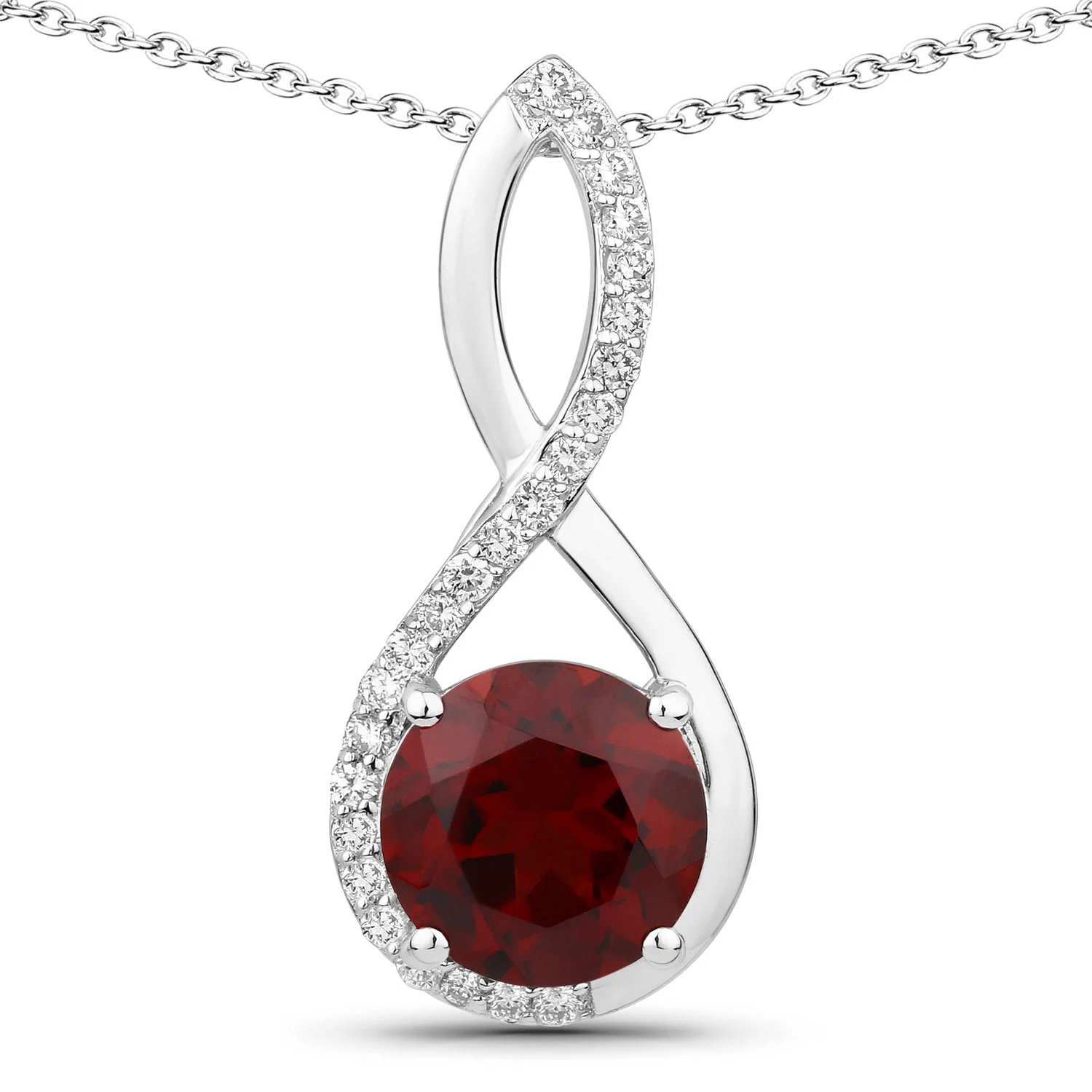 Genuine Mozambique Garnet and Lab Diamond Silver Crossover Pendant Necklace