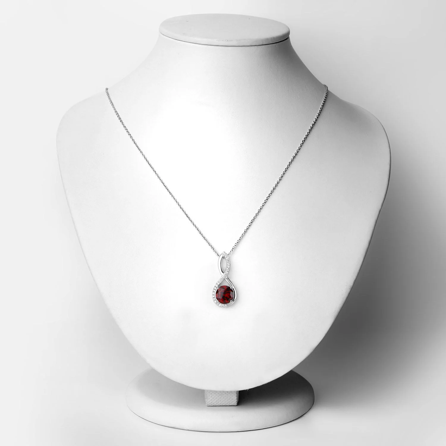 Genuine Mozambique Garnet and Lab Diamond Silver Crossover Pendant Necklace - Image 3