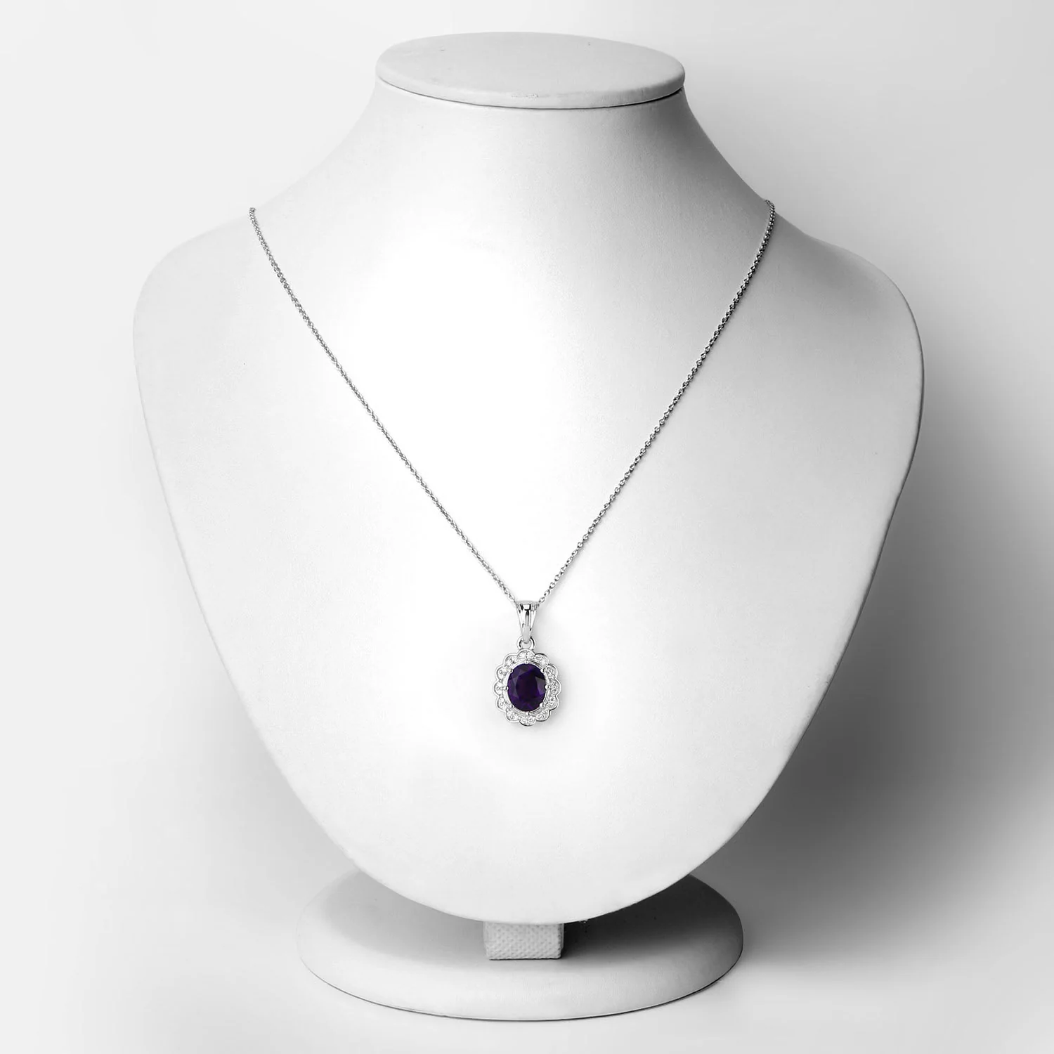 Genuine Oval Amethyst and Lab Diamond Silver Halo Bold Pendant Necklace - Image 6