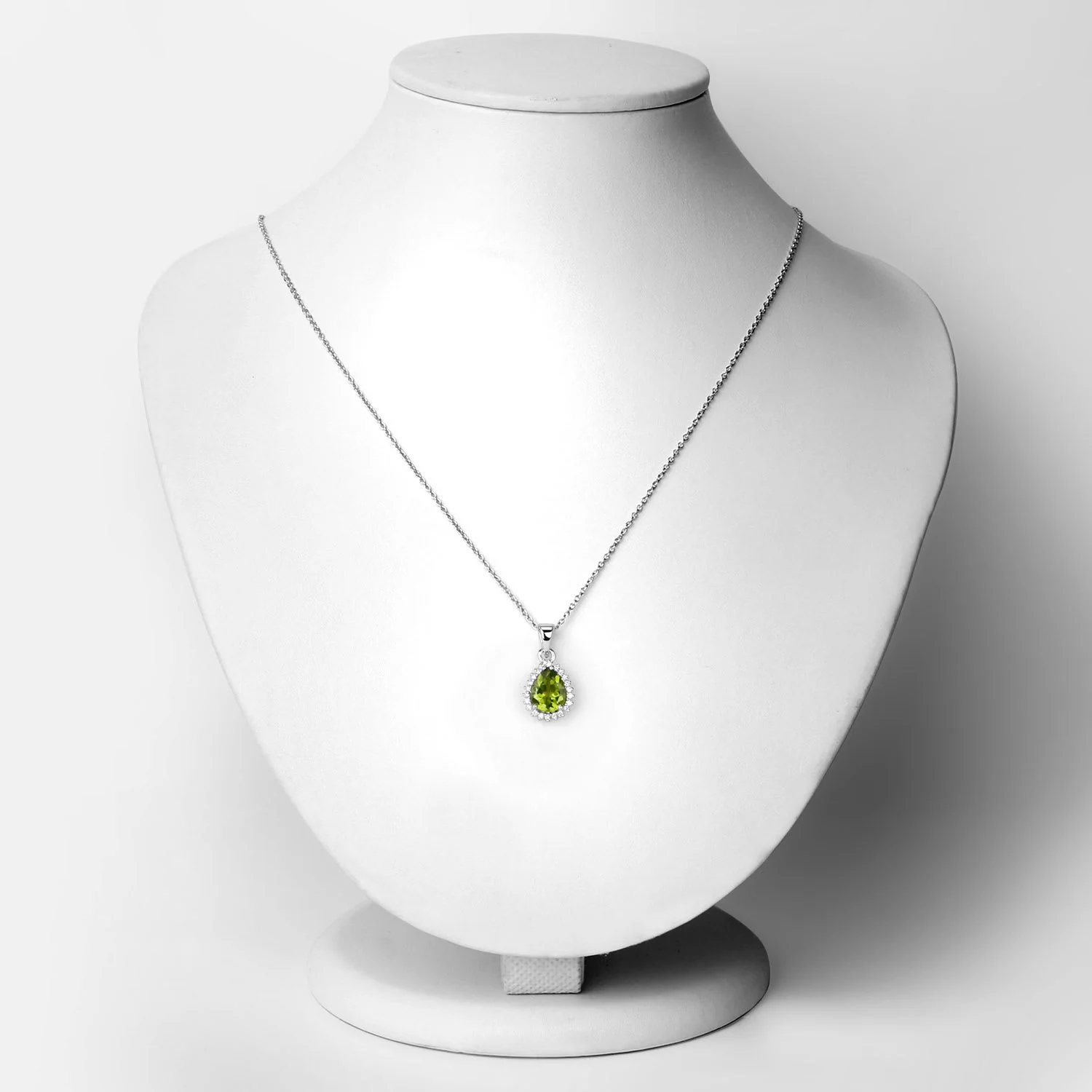 Genuine Peridot and Lab Diamond Silver Pear Halo Necklace - Image 3