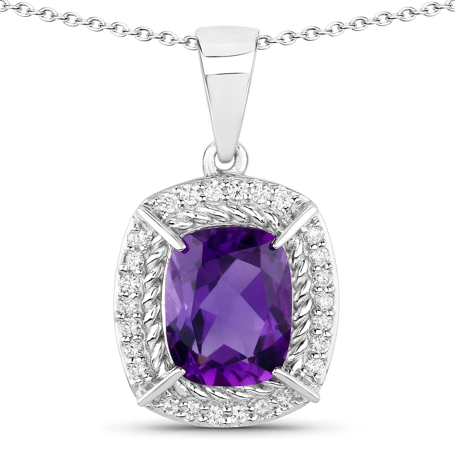 Genuine Purple Amethyst and Lab Diamond Silver Halo Necklace - Image 2