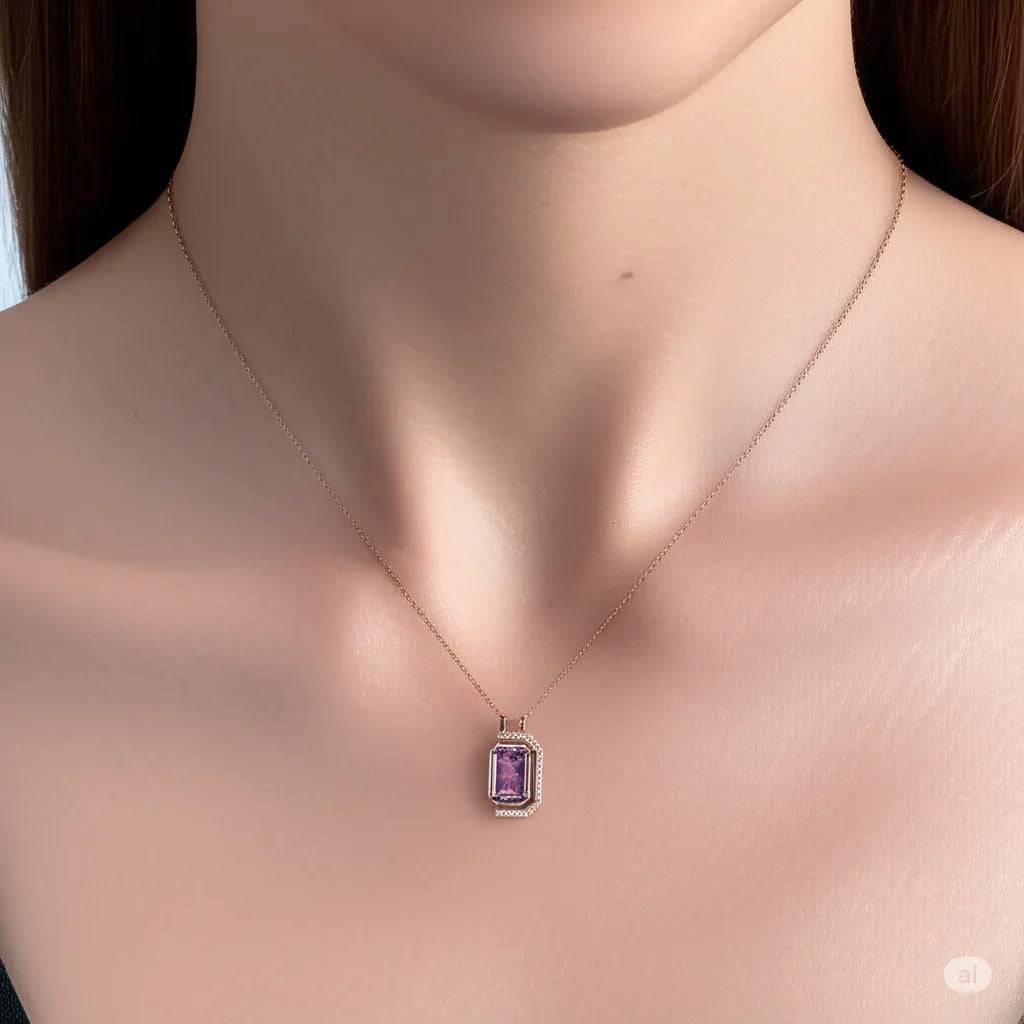Genuine Purple Amethyst Necklace for Women 2.57 Carats Emerald Cut Necklaces for Women Floating Necklace February Birthstone Jewelry White Topaz Dual Birthstone Garnet Jewelry Gift for Her - Image 2