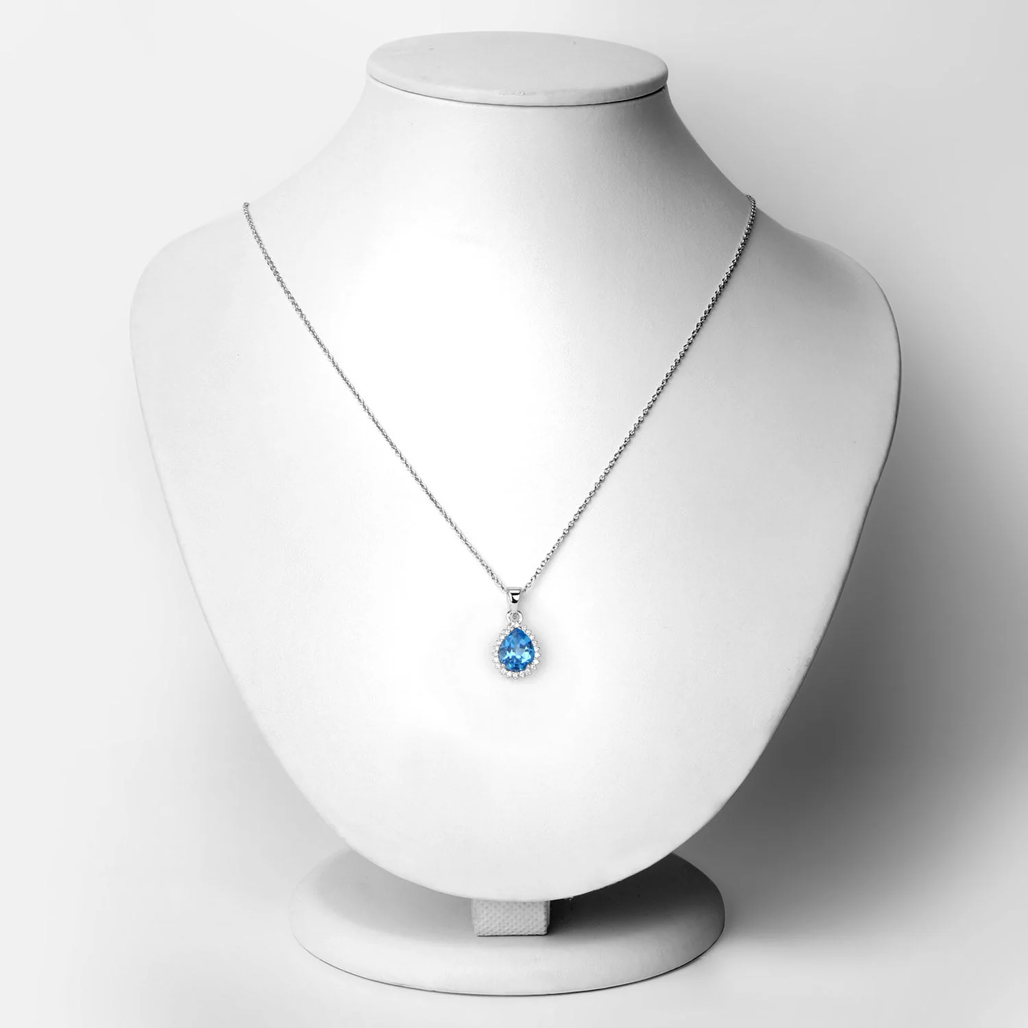 Genuine Swiss Blue Topaz and Lab Diamond Silver Pear Halo Necklace - Image 2
