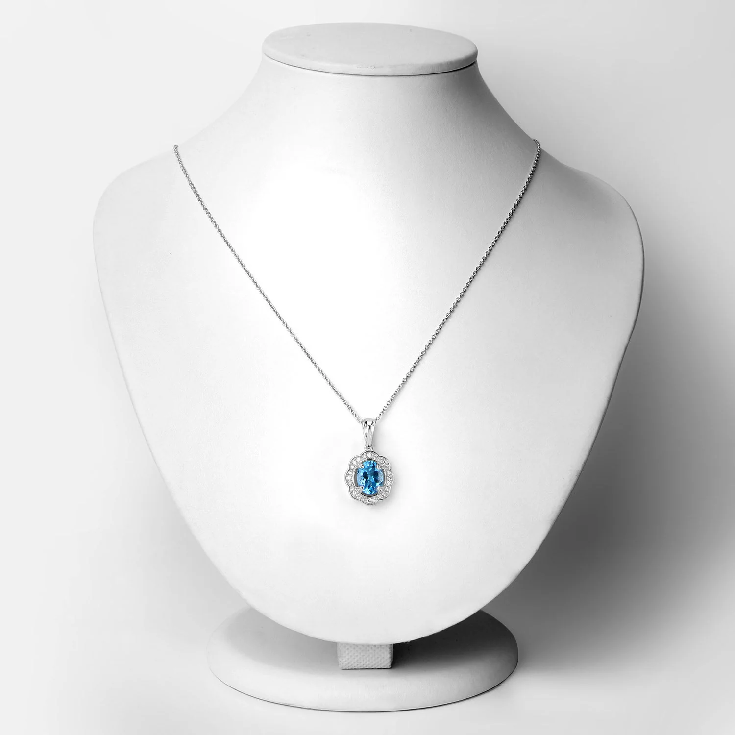 Genuine Swiss Blue Topaz and Lab Grown Diamond Silver Halo Statement Necklace - Image 3