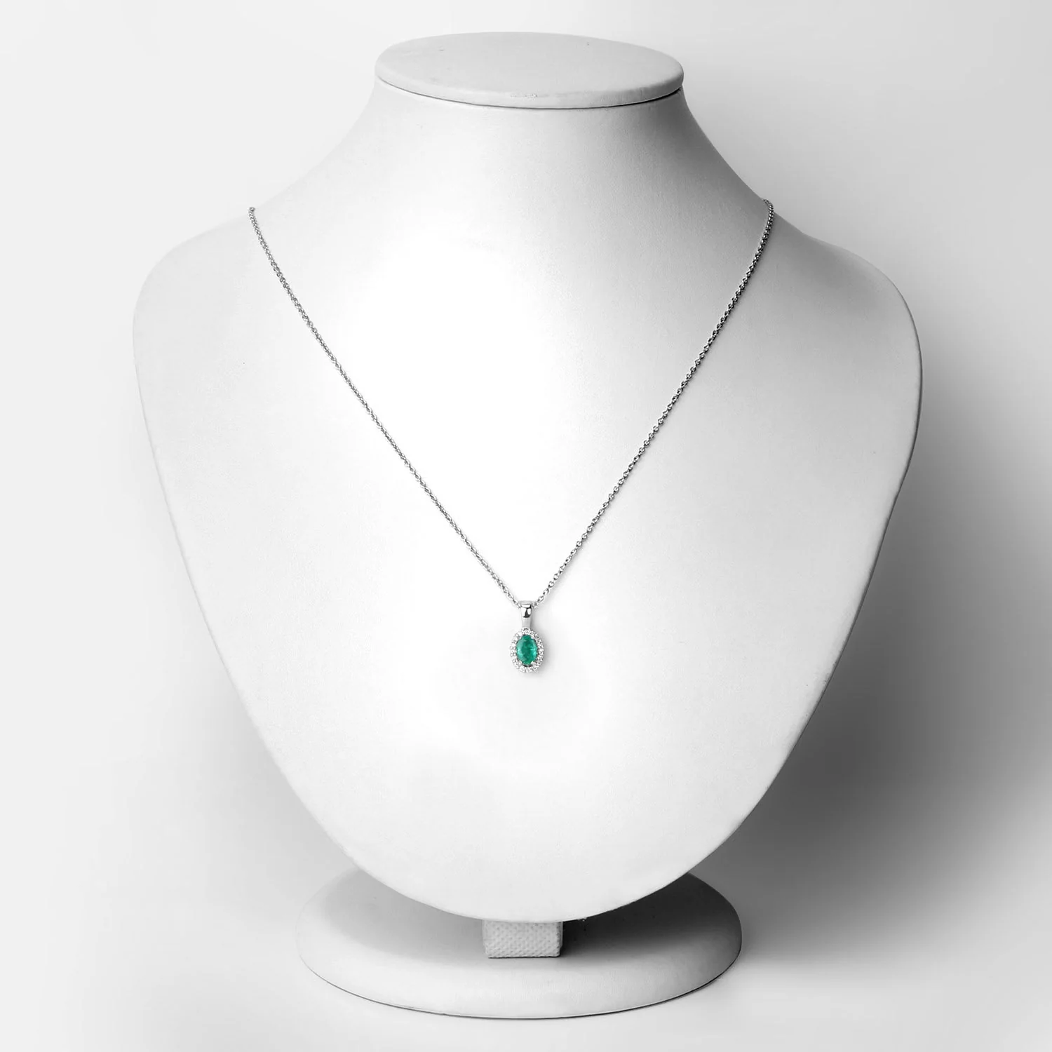 Genuine Zambian Emerald and Lab Diamond Silver Oval Halo Necklace - Image 2